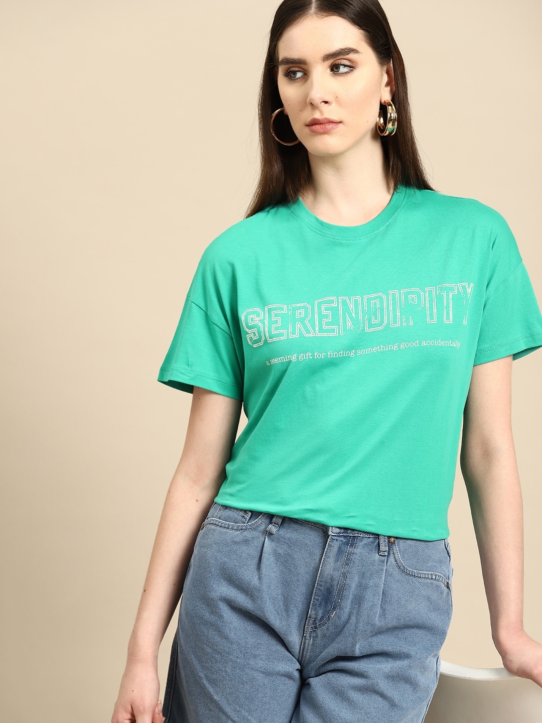 all about you Women Typography Printed Pure Cotton T-shirt, Green