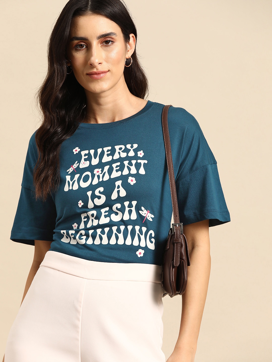 

all about you Printed Drop-Shoulder Sleeves Pure Cotton T-shirt, Teal