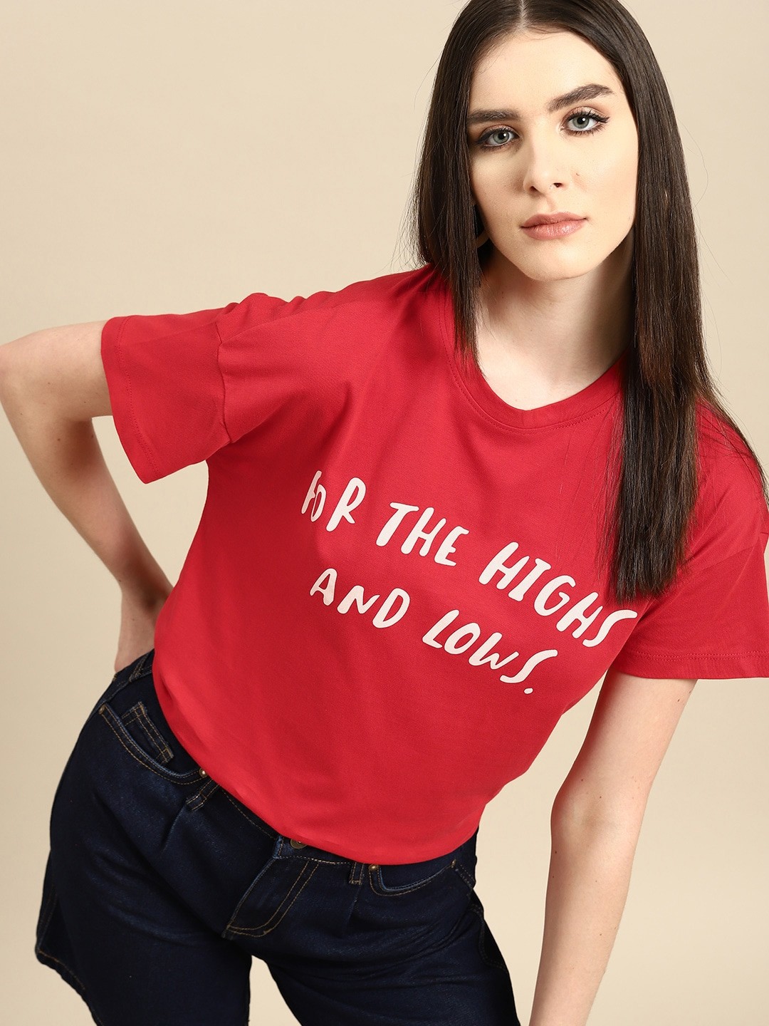 

all about you Women Typography Printed Pure Cotton T-shirt, Red