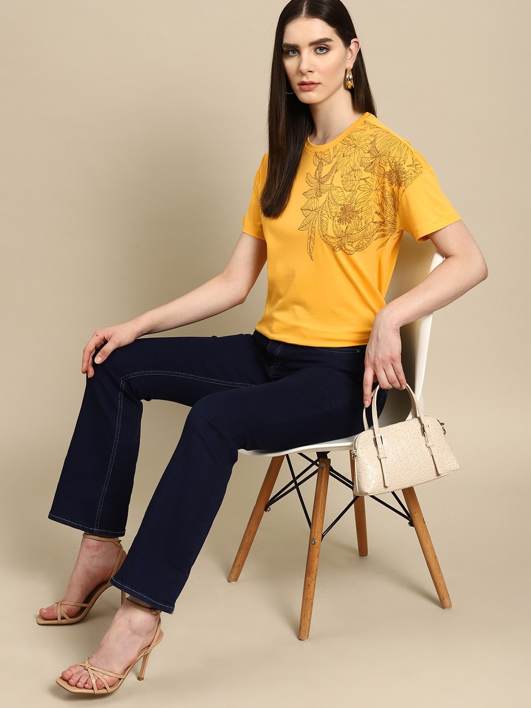 

all about you Women Floral Printed Pure Cotton T-shirt, Mustard