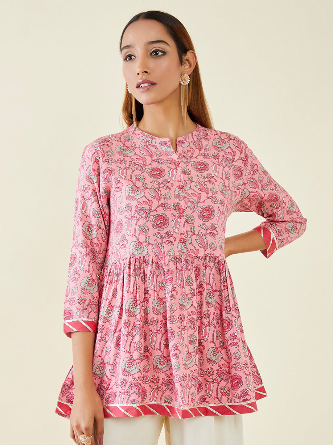 

Soch Mandarin Collar Floral Printed Gathers Tunic, Pink
