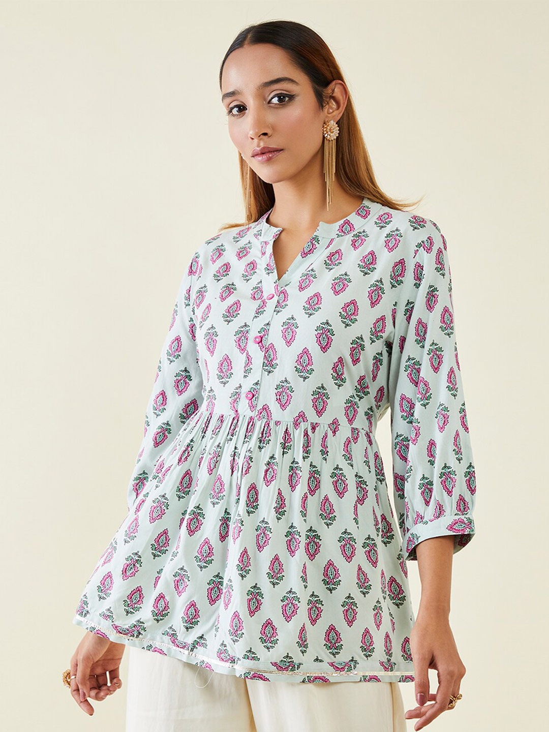

Soch Mandarin Collar Floral Printed Gathers Tunic, Blue