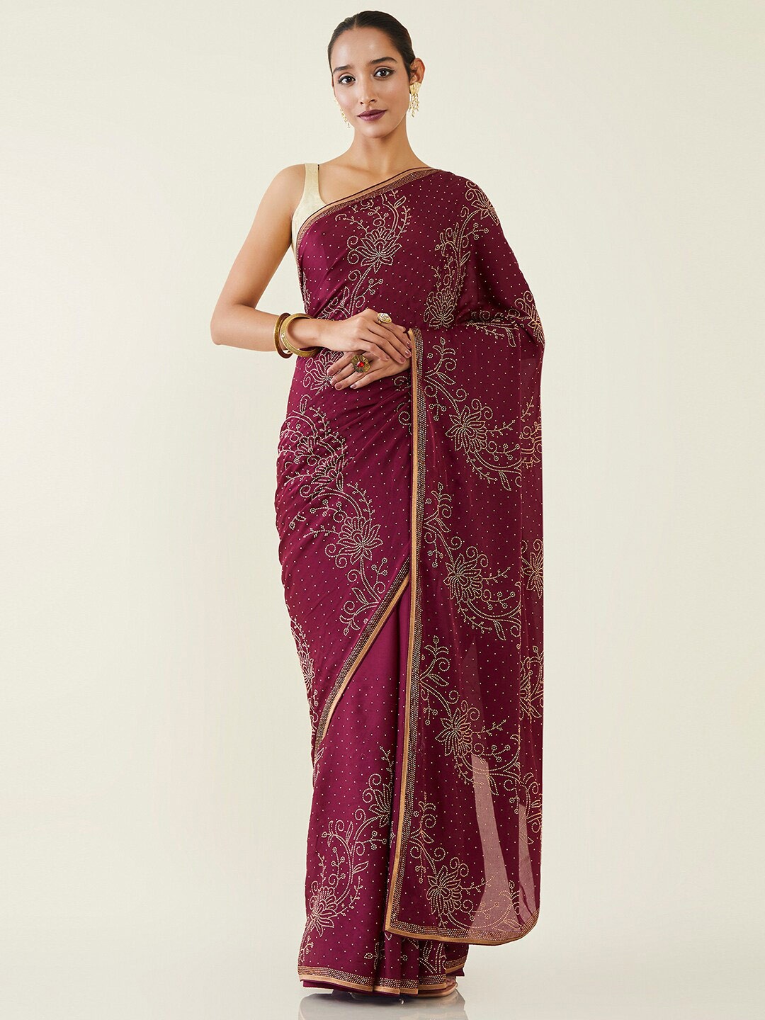 

Soch Floral Embellished Beads and Stones Saree, Purple