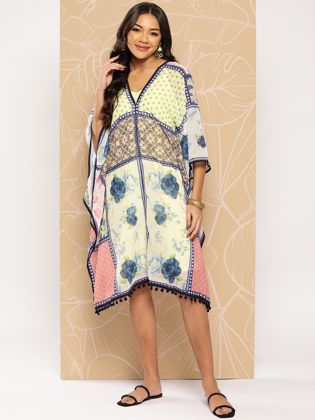 

Sangria Floral Print Kaftan Dress With Inner, White