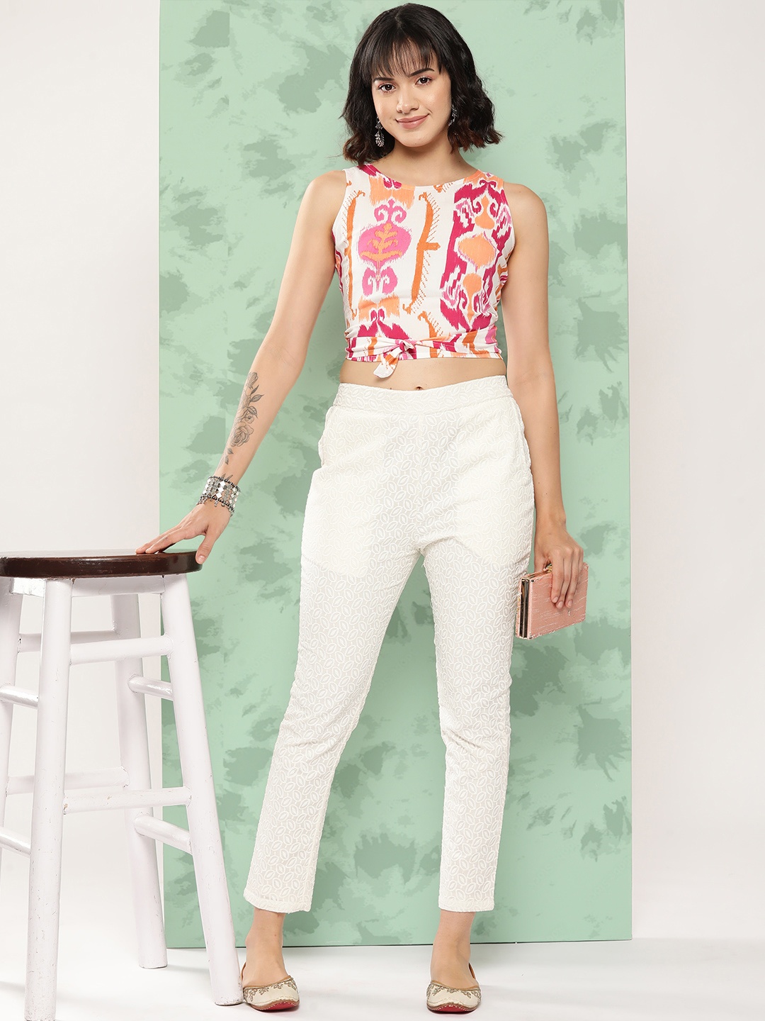 

Sangria Printed Tie-Up Back Ethnic Crop Top, Pink
