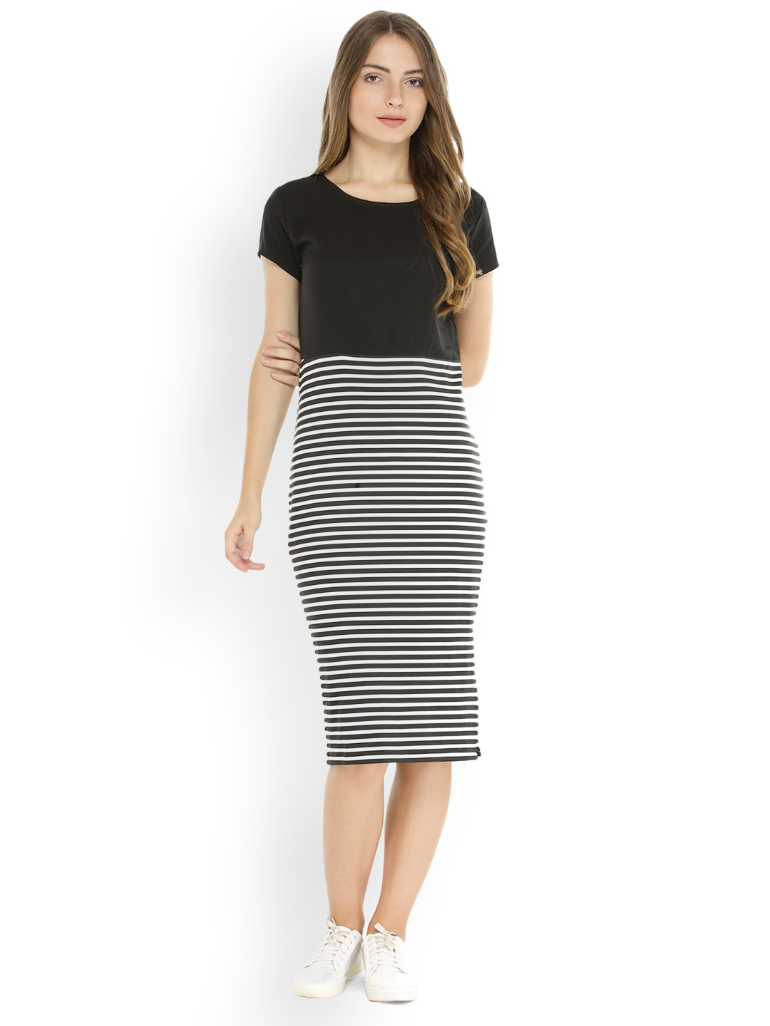 

Zima Leto Women Black & White Striped Sheath Dress