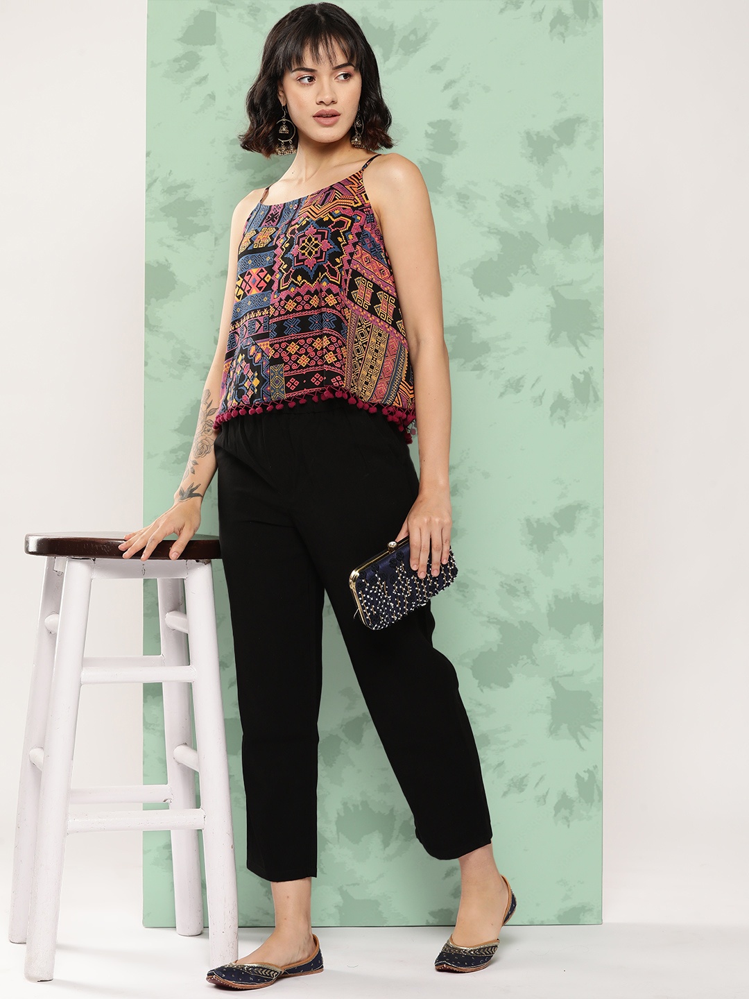 

Sangria Pom-Pom Printed Ethnic Top, Purple