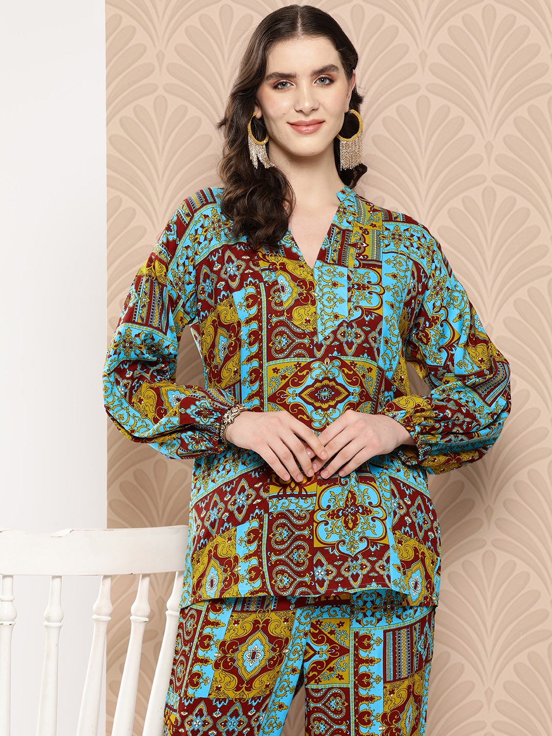 

Sangria Ethnic Motifs Print Co-Ords, Turquoise blue