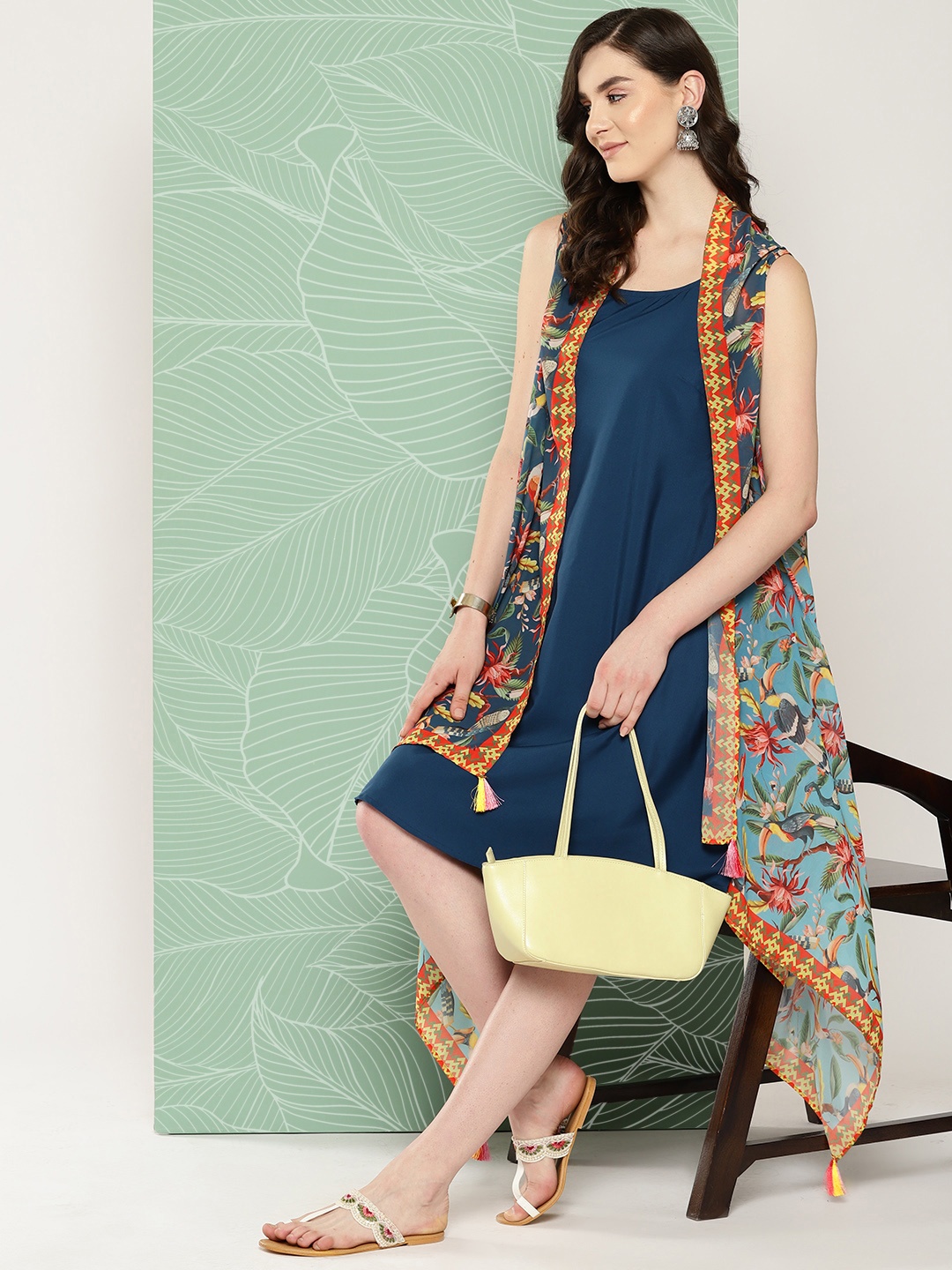 

Sangria Women Solid A-Line Dress with Printed Waterfall Shrug, Teal