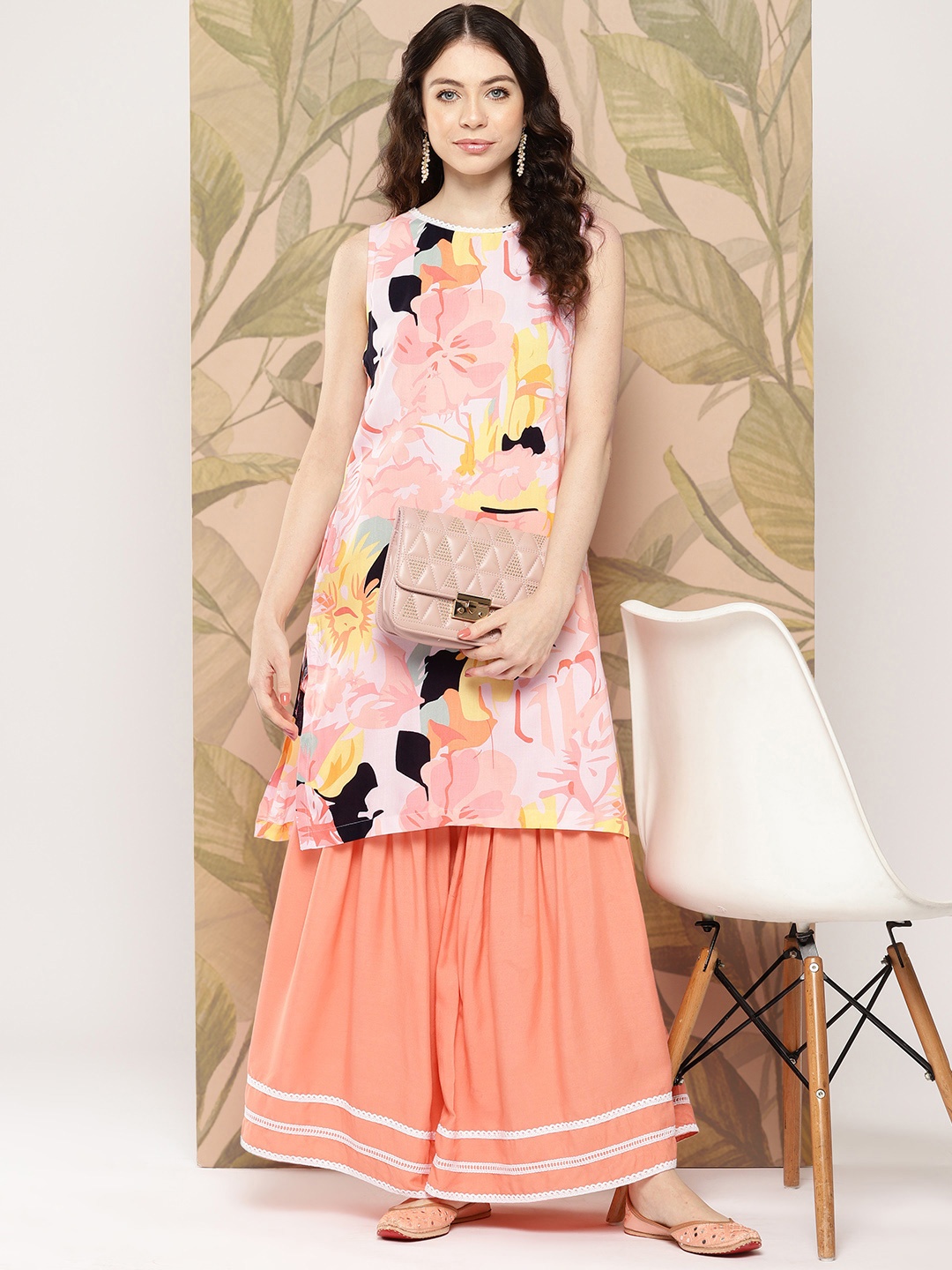 

Sangria Women Floral Printed Kurta with Sharara, Peach