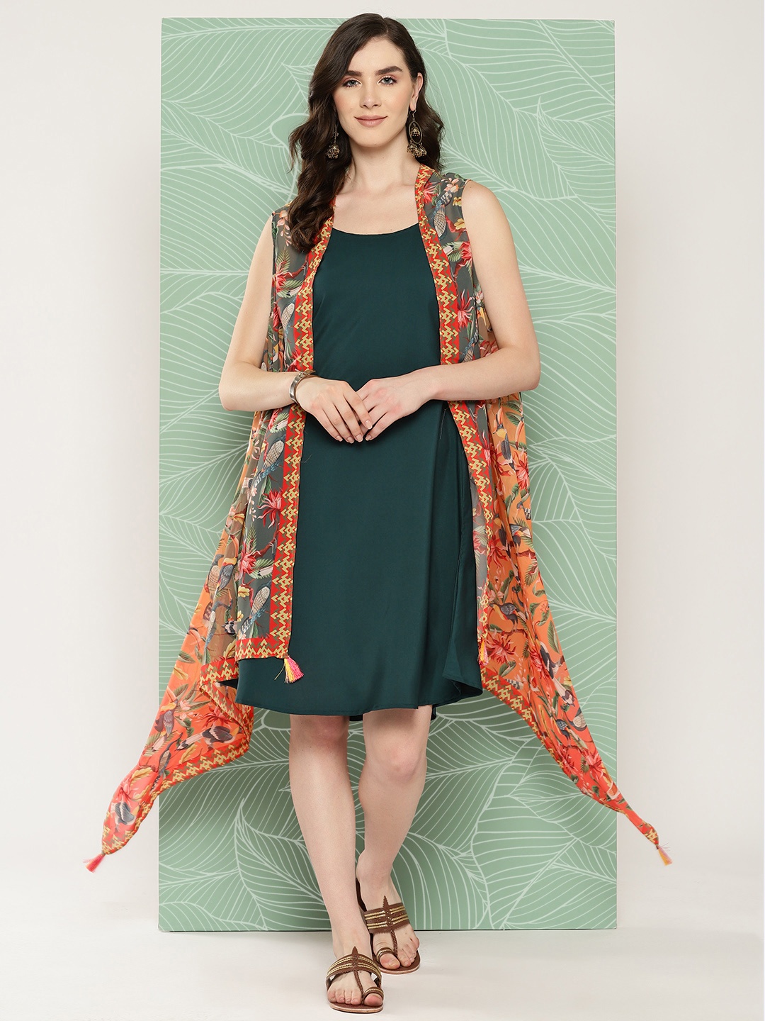 

Sangria Women Solid A-Line Dress with Printed Waterfall Shrug, Teal