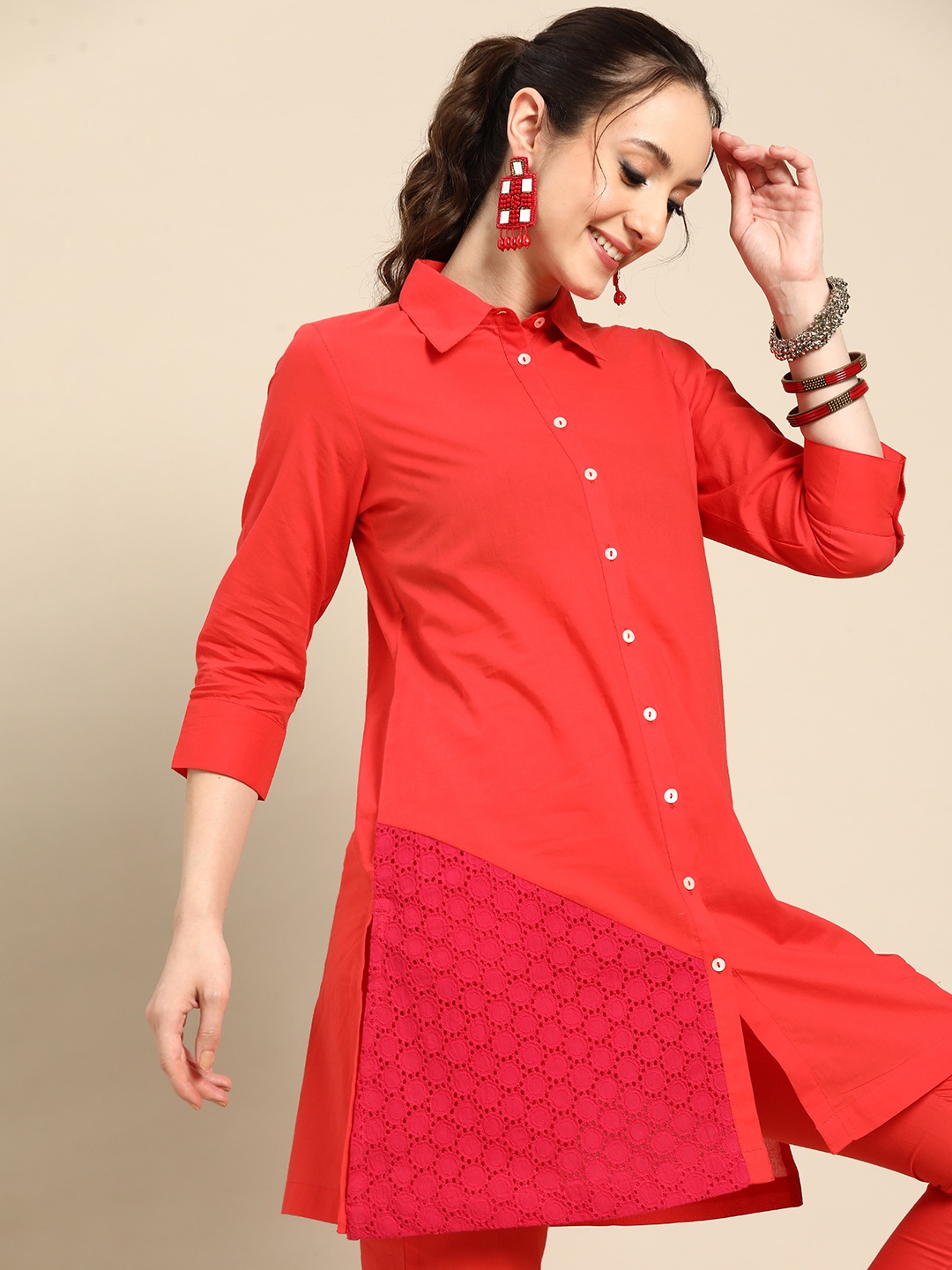 

Sangria Schiffli Detail Shirt Collar Pure Cotton Kurta with Cropped Trousers, Red