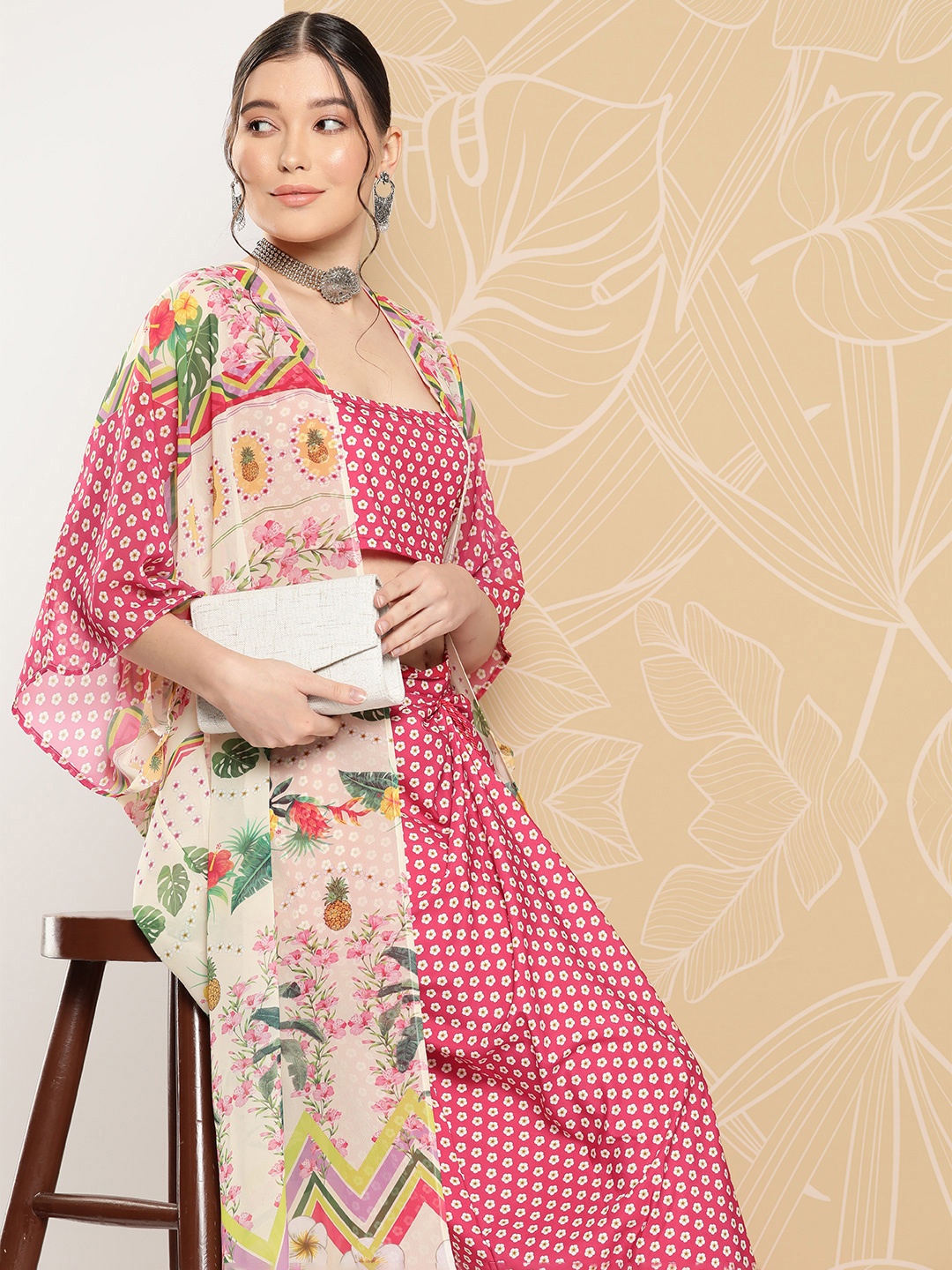

Sangria Floral Print Co-Ords with Longline Shrug, Pink