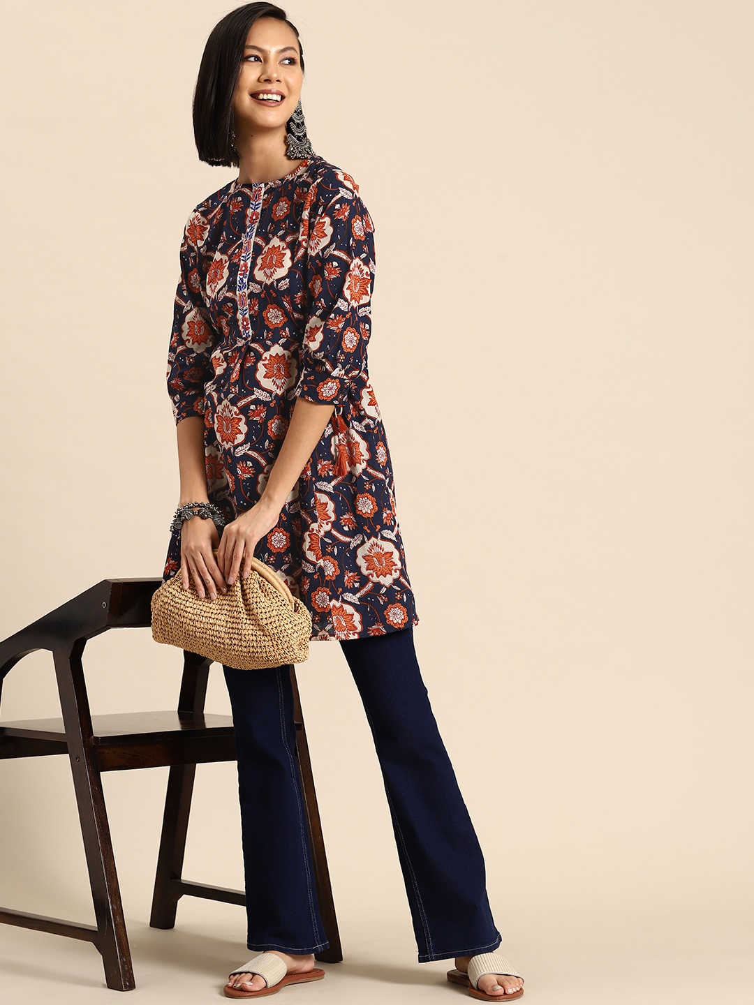 

Sangria Floral Print Cotton Longline Top, Navy blue