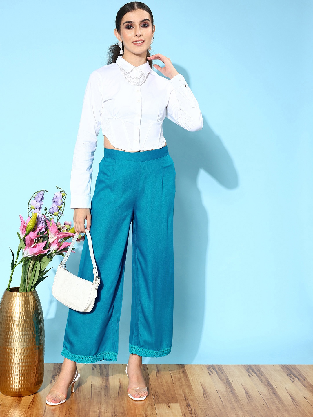 

Sangria Women Cerulean Blue Flared Fusion Palazzos