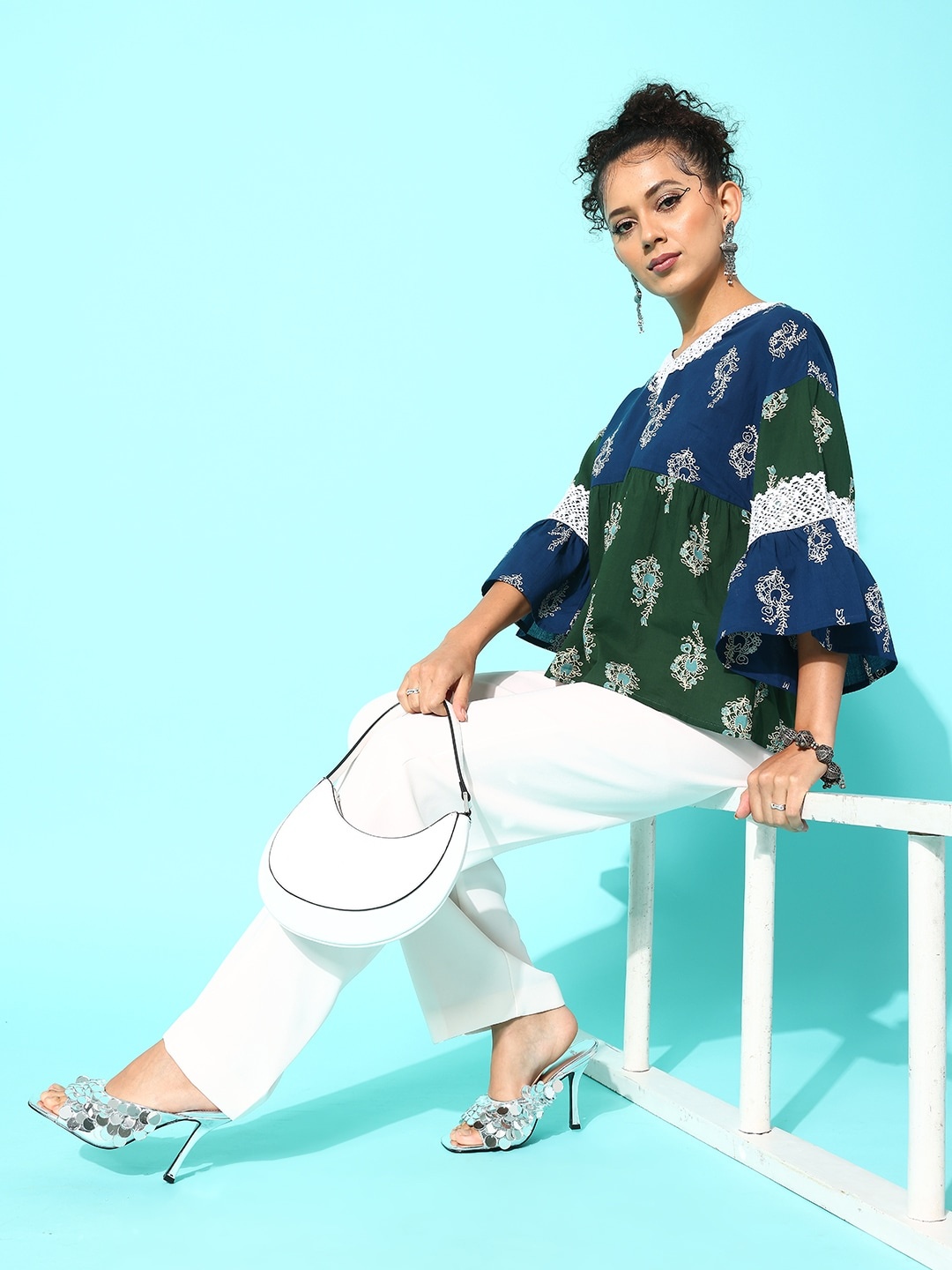 

Sangria Printed Bell Sleeves Cotton Empire Top, Navy blue
