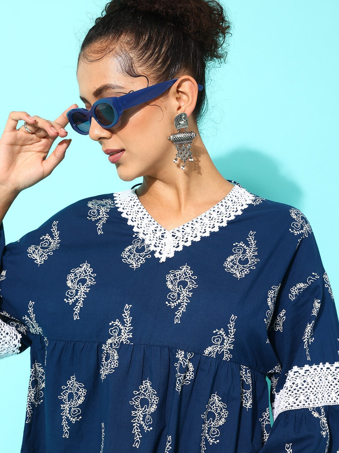 

Sangria Ethnic Print Pure Cotton A-Line Top, Teal