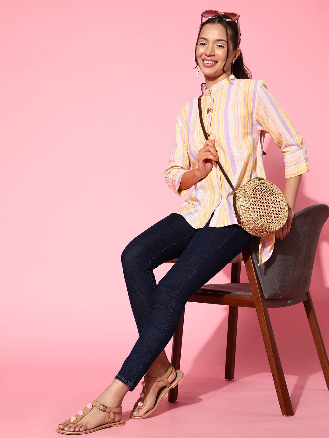 

Sangria Embroidered Detail Striped Longline Casual Shirt, Yellow