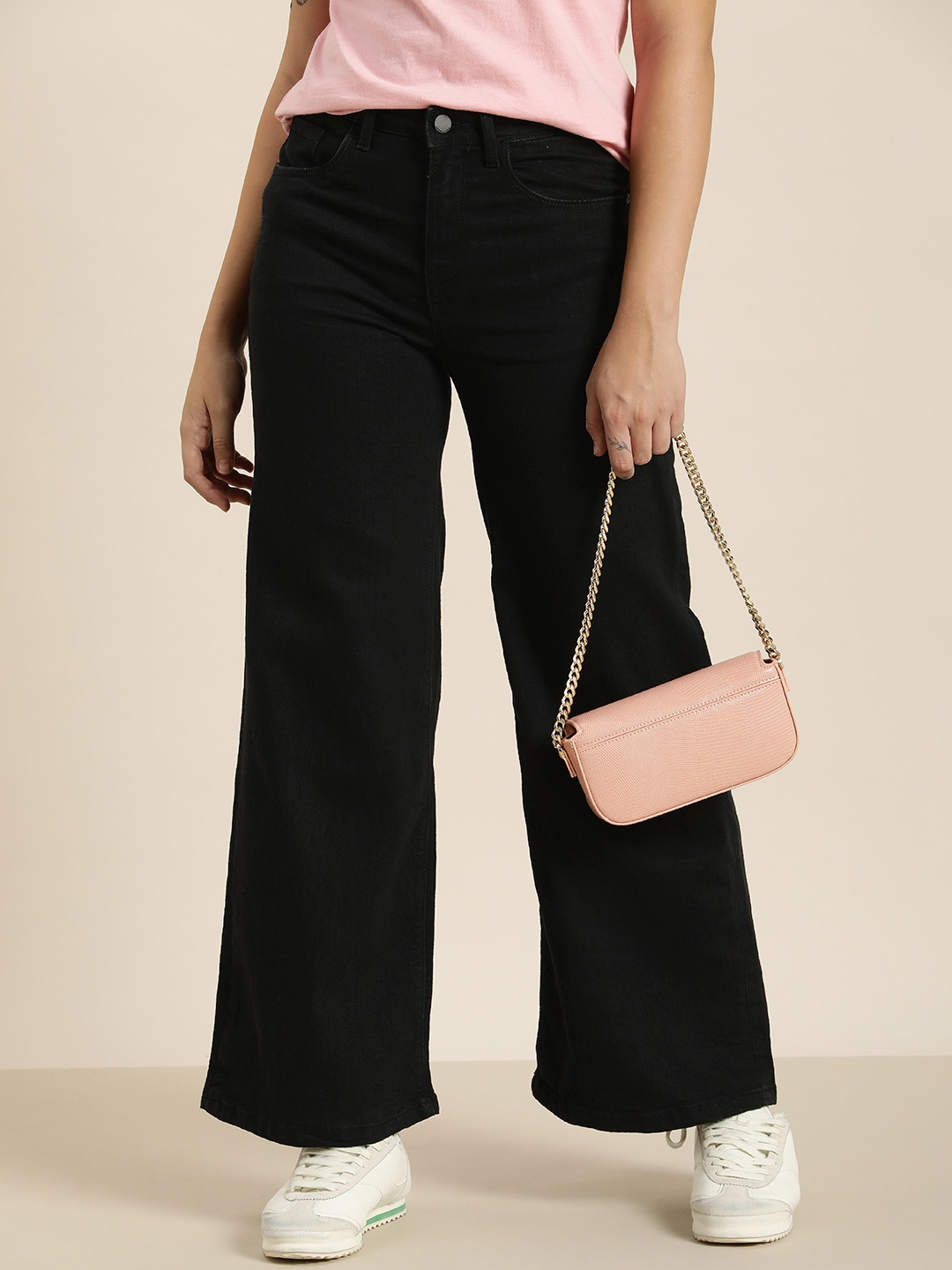 

HERE&NOW Women Wide Leg Stretchable Jeans, Black