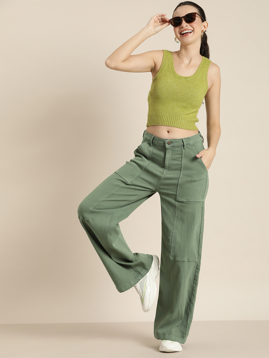 

HERE&NOW Women Wide Leg Stretchable Jeans, Olive