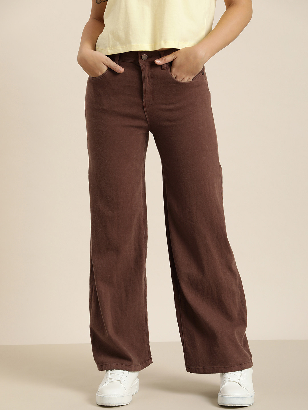 

HERE&NOW Women Wide Leg Stretchable Jeans, Brown
