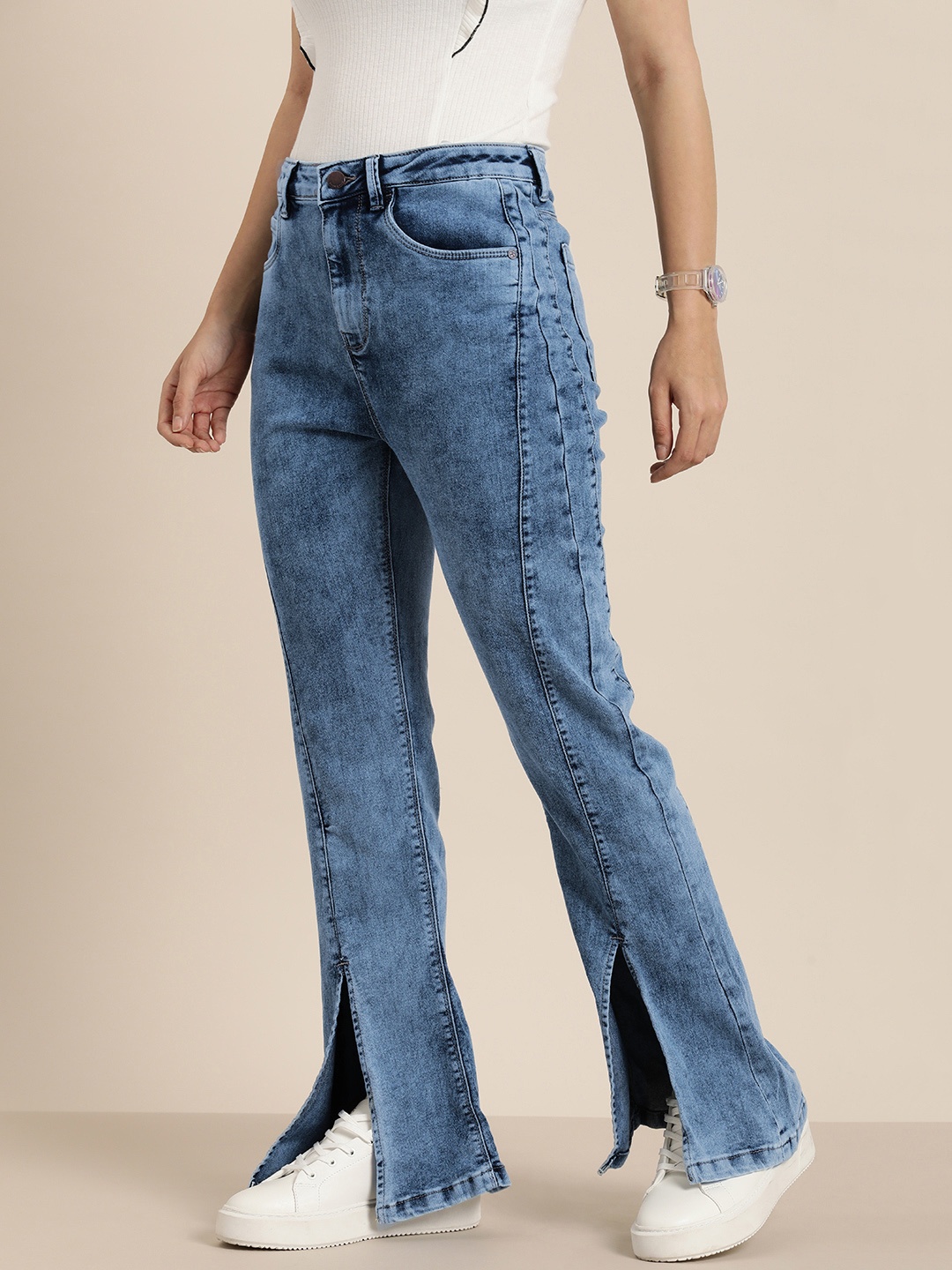 

HERE&NOW Women Flared Fit High-Rise Heavy Fade Stretchable Jeans, Blue