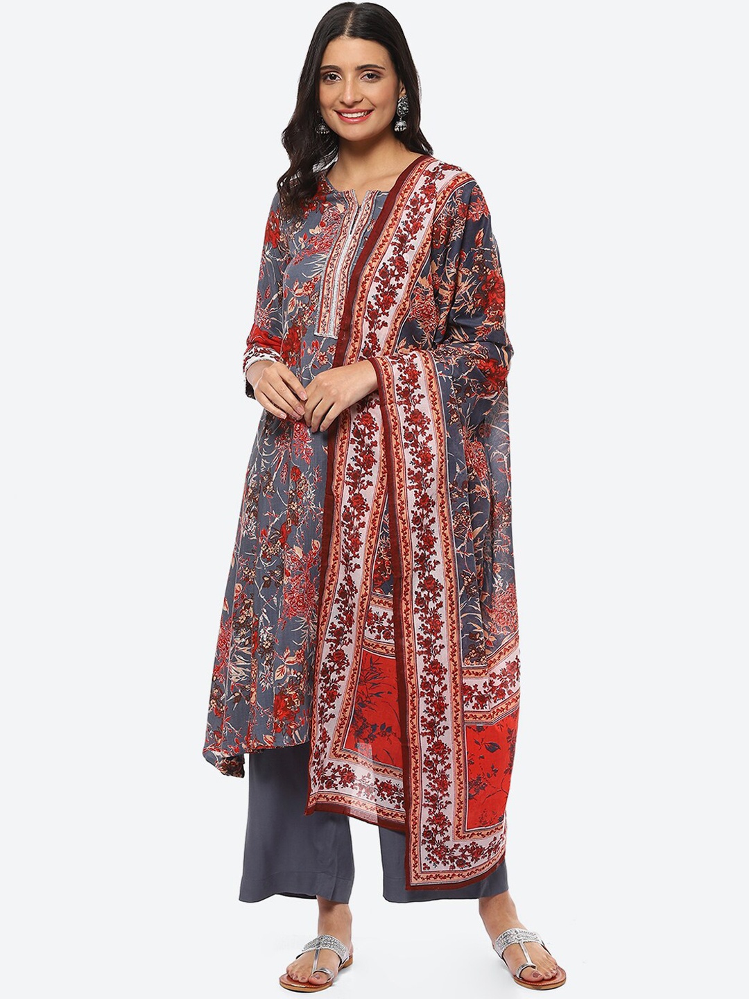 

Biba Plus Size Notch Neck Floral Printed Straight Kurta With Palazzos & Dupatta, Grey