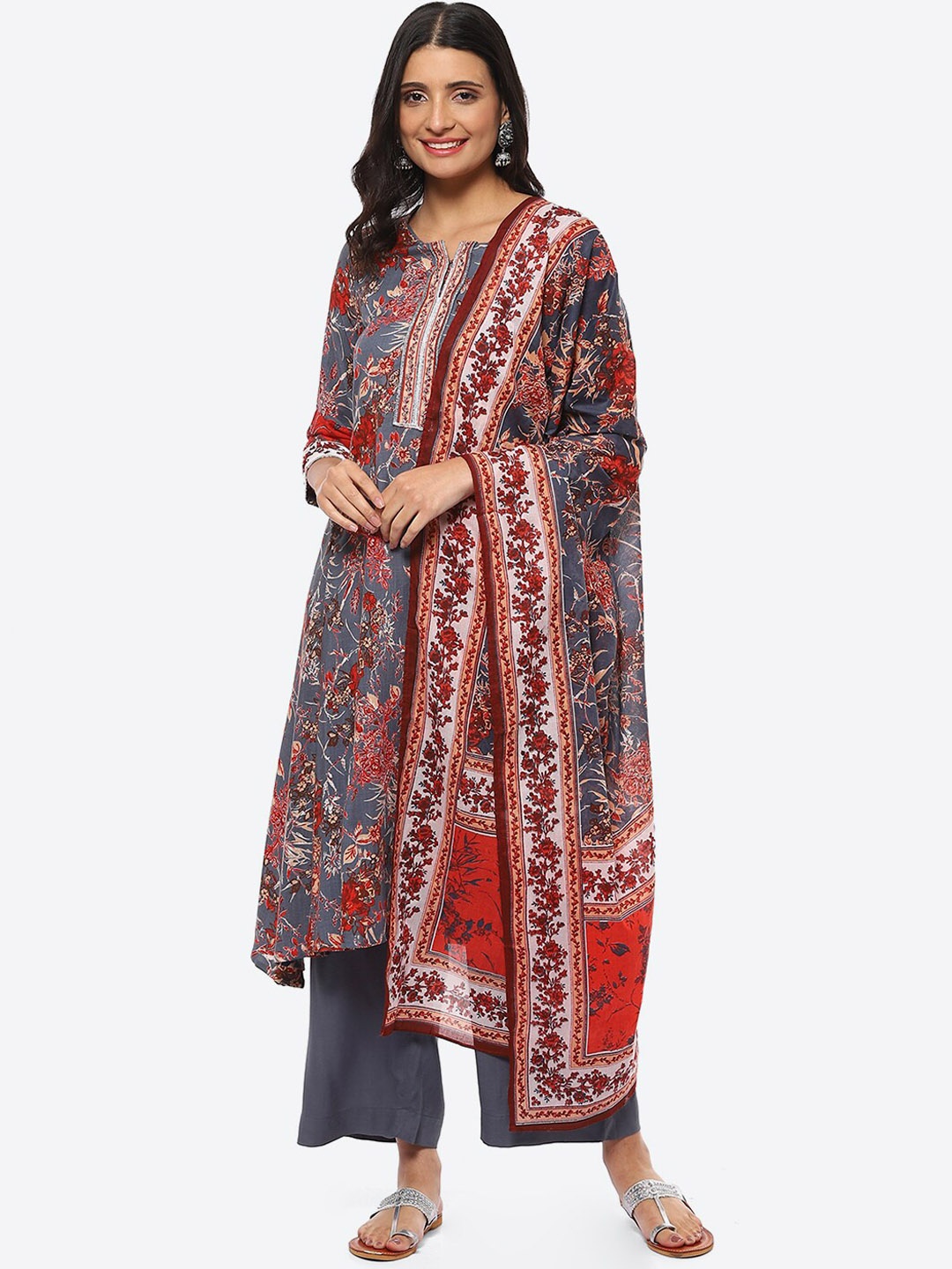 

Biba Notch Neck Floral Printed Straight Kurta With Palazzos & Dupatta, Grey