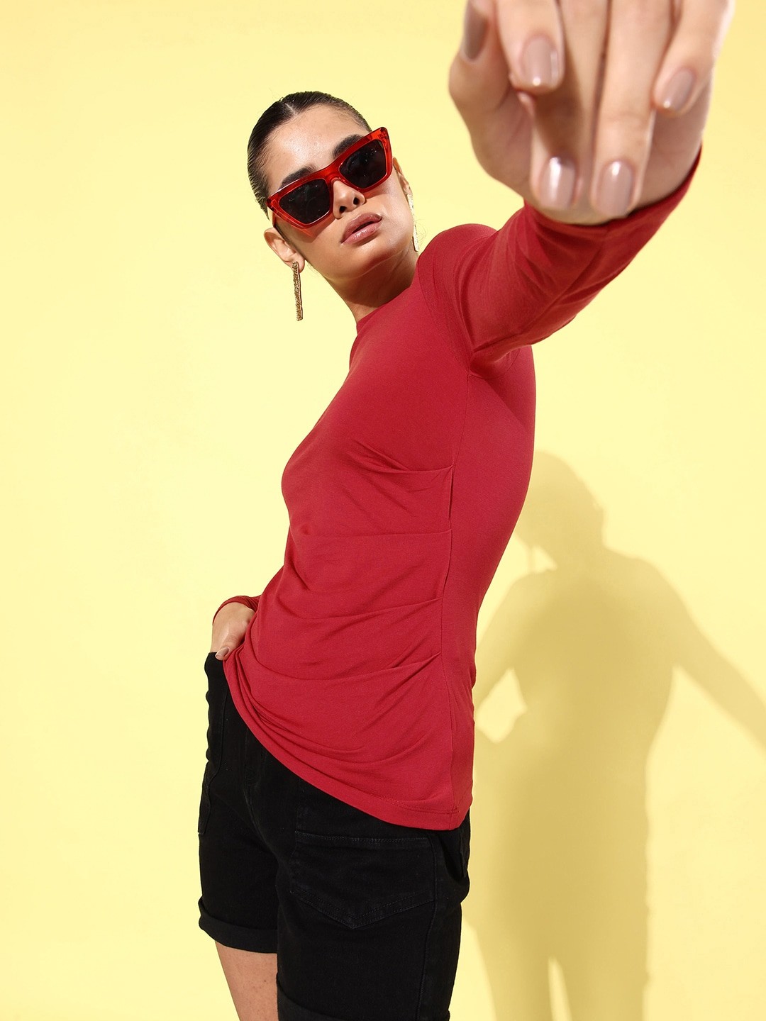 

The Roadster Life Co. Stunning Red Boat-Neck Draped in Daze Regular Top