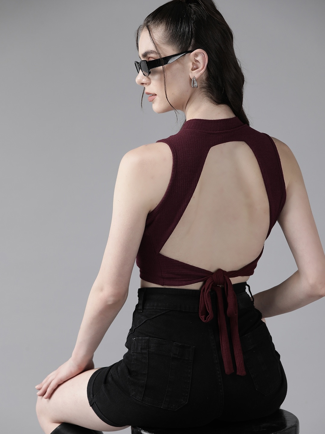 

The Roadster Lifestyle Co. Ribbed Open Back Crop Top, Maroon
