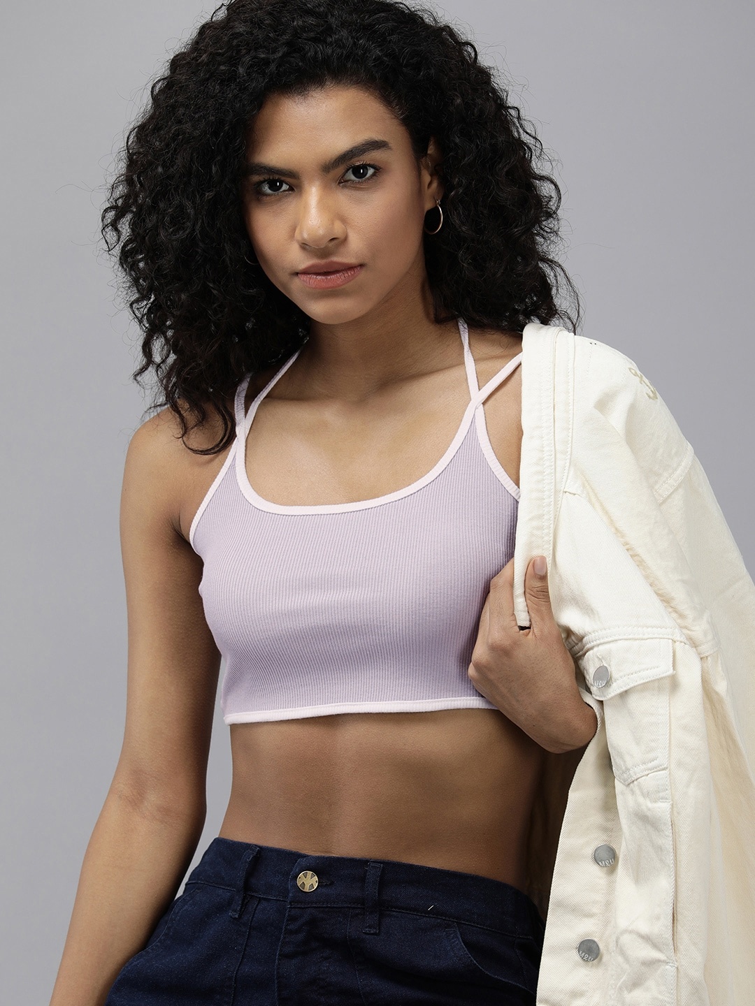 The Roadster Lifestyle co. Ribbed Solid Crop Top With Contrast Tie-Ups, Lavender