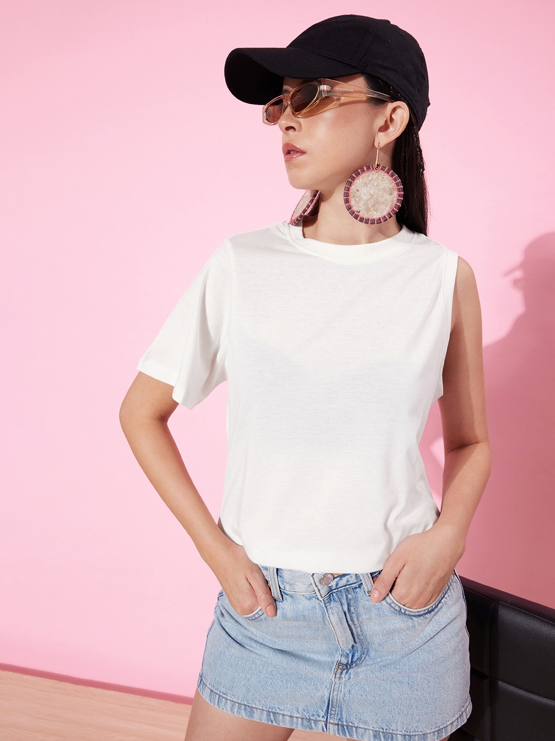 

The Roadster Lifestyle Co. Women Snow White Solid We May Party Shoulder Play T-shirt