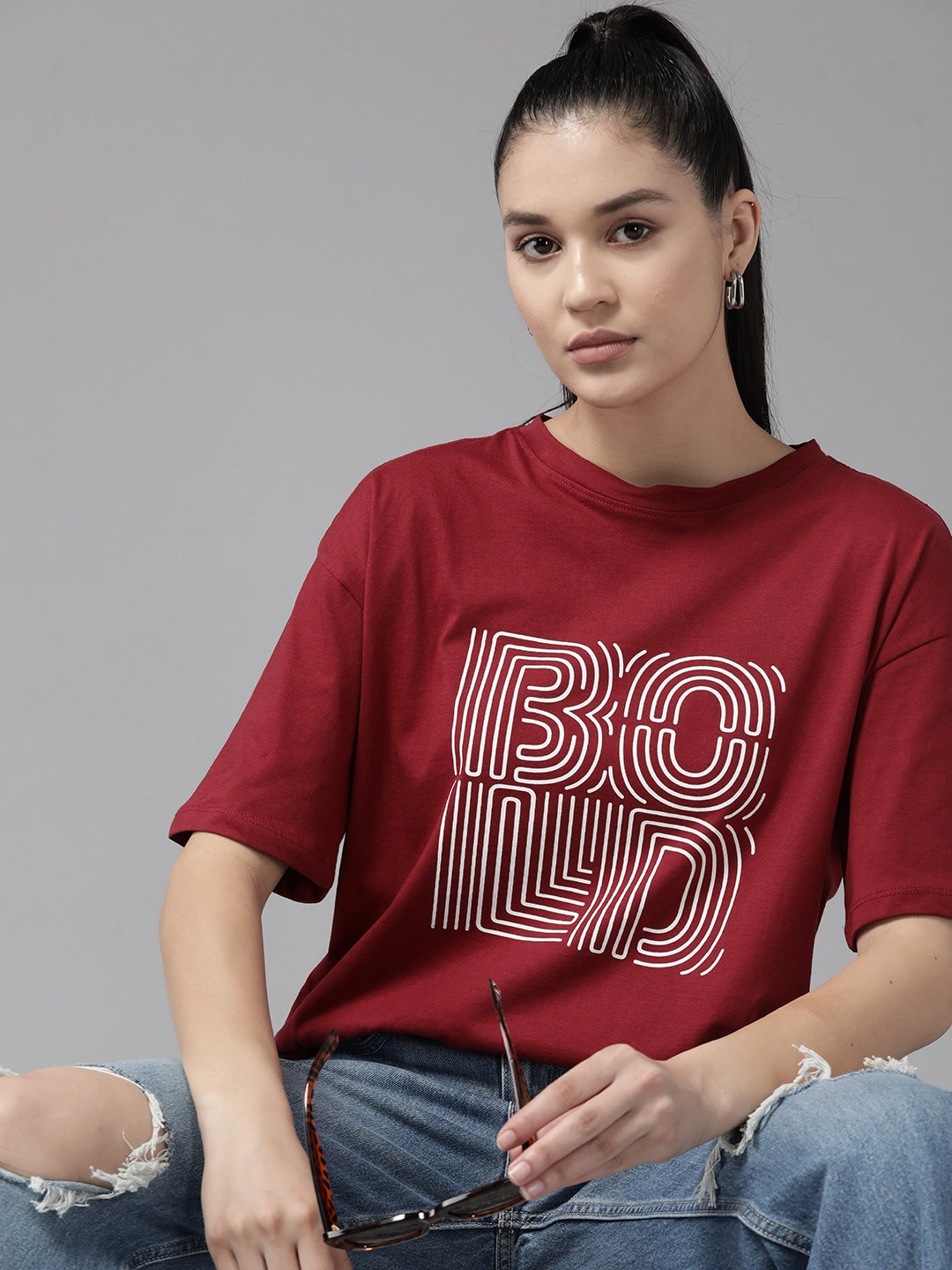 

Roadster The Lifestyle Co. Typography Printed Drop-Shoulder Sleeves T-shirt, Maroon