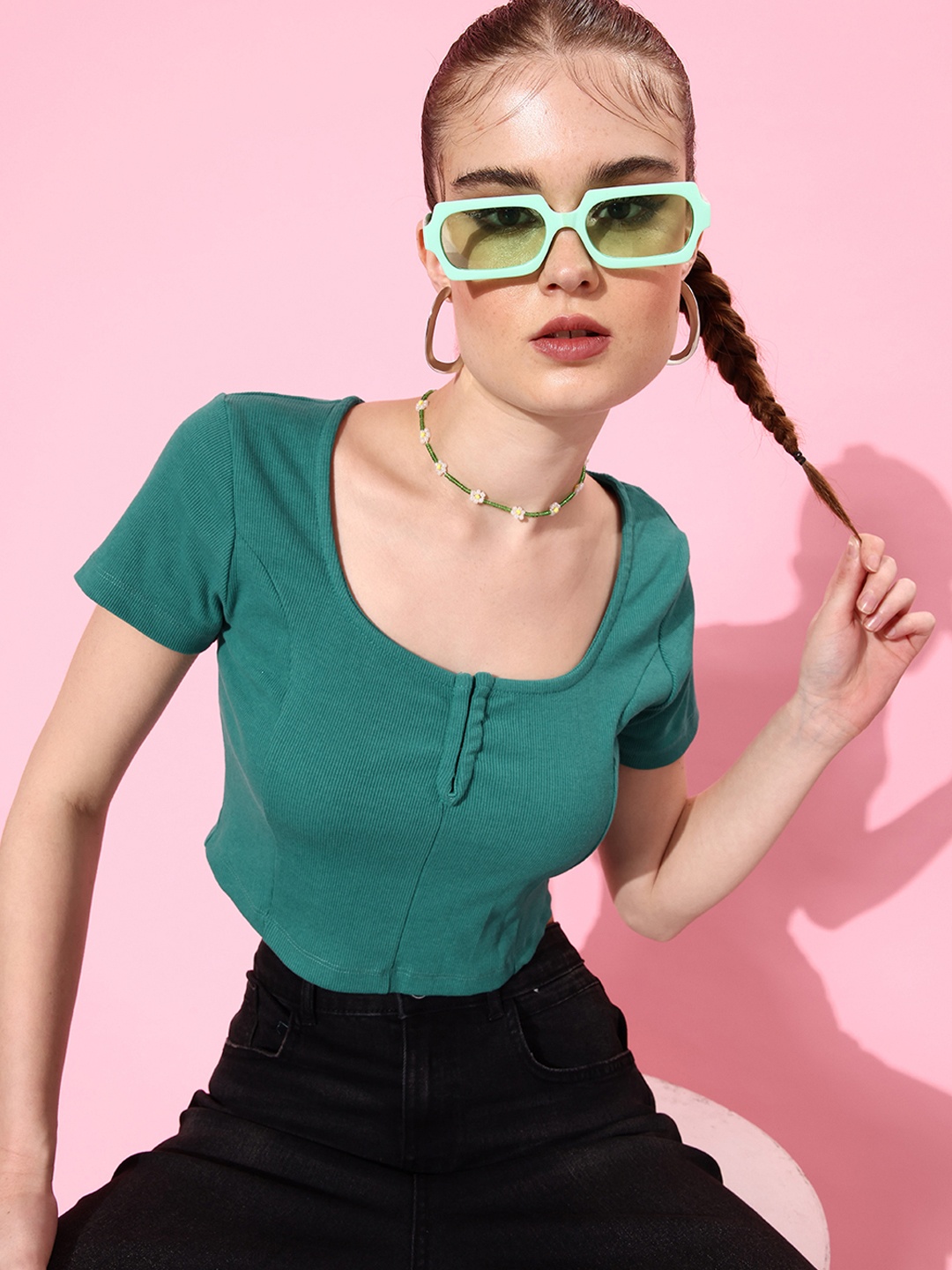 

Roadster Foliage Green Ribbed Scoop Neck Knitted 90's Hollaback Neck it is ! Crop Top, Teal