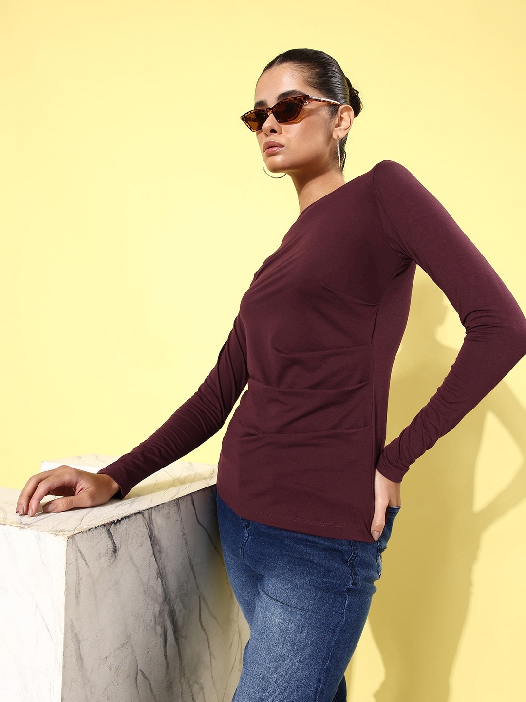 

The Roadster Life Co. Charming Wine Boat-Neck Draped in Daze Regular Top, Burgundy