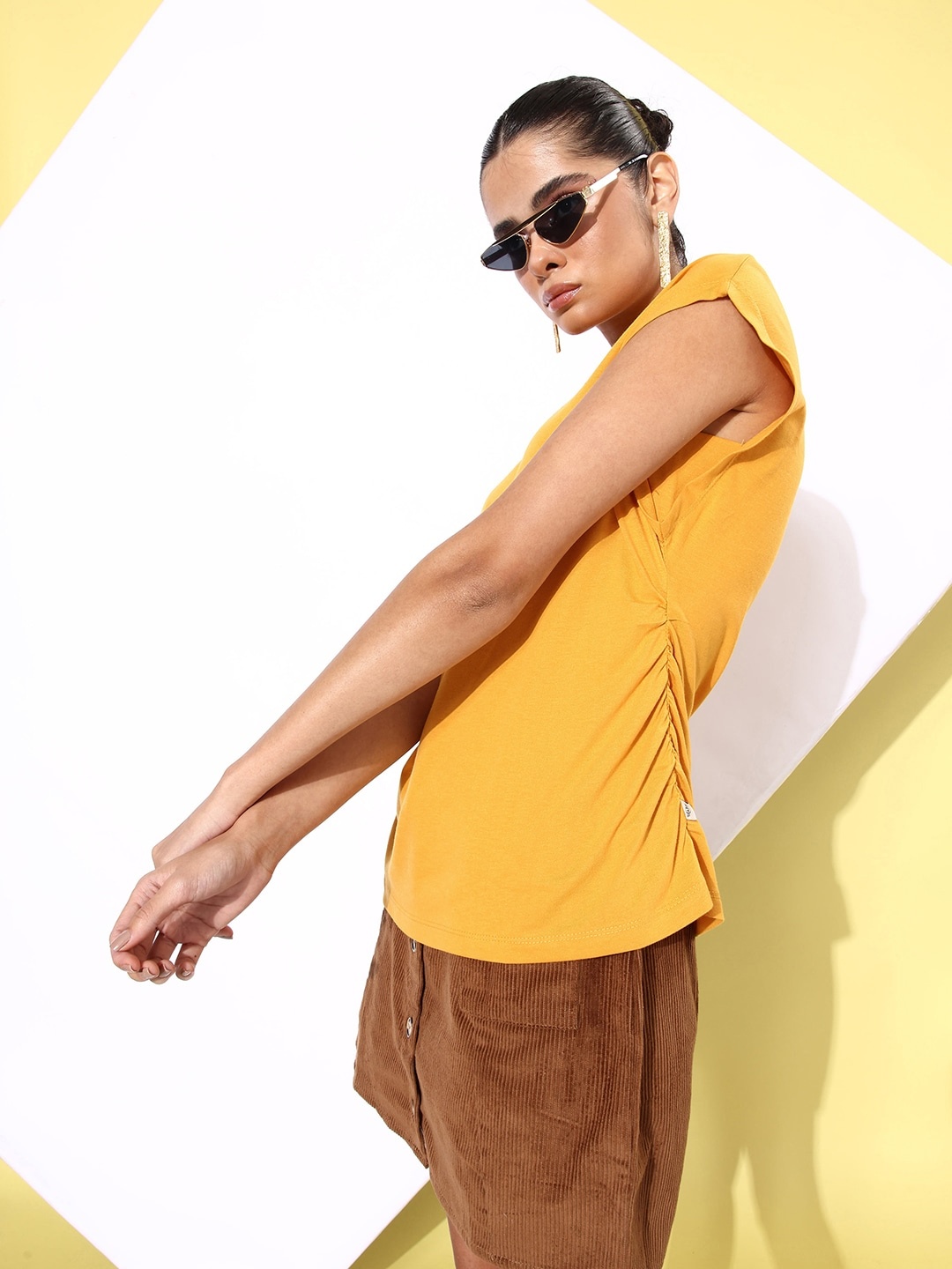 

The Roadster Life Co. Women Golden Yellow Ruched We May Party Draped in Daze T-shirt