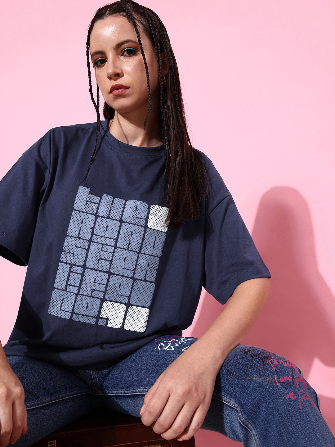 

The Roadster Lifestyle Co. Women Navy Blue Typography Hollaback Poster Graphics T-shirt