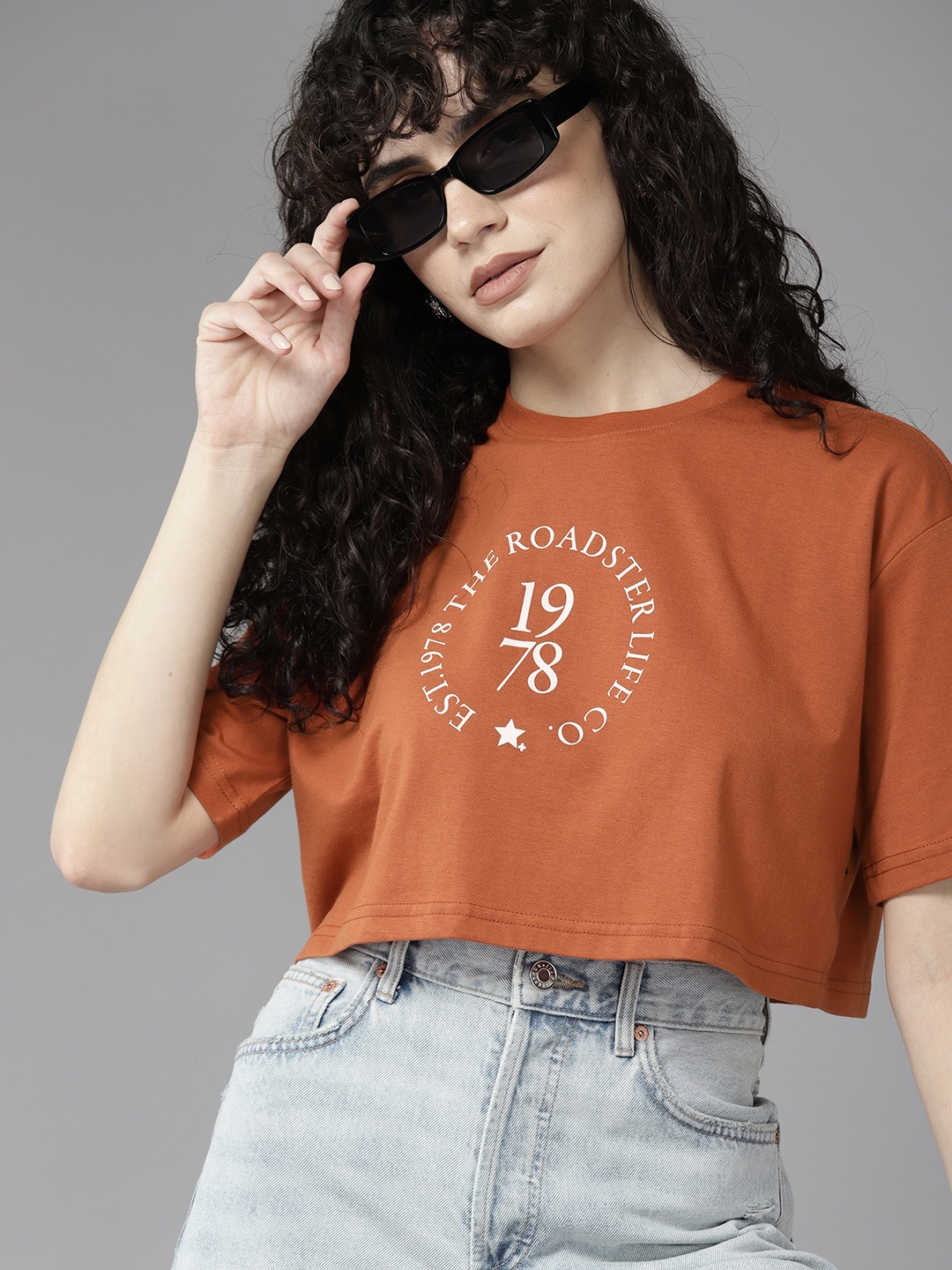 

Roadster The Lifestyle Co. Brand Logo Printed Drop-Shoulder Sleeves Boxy T-shirt, Rust