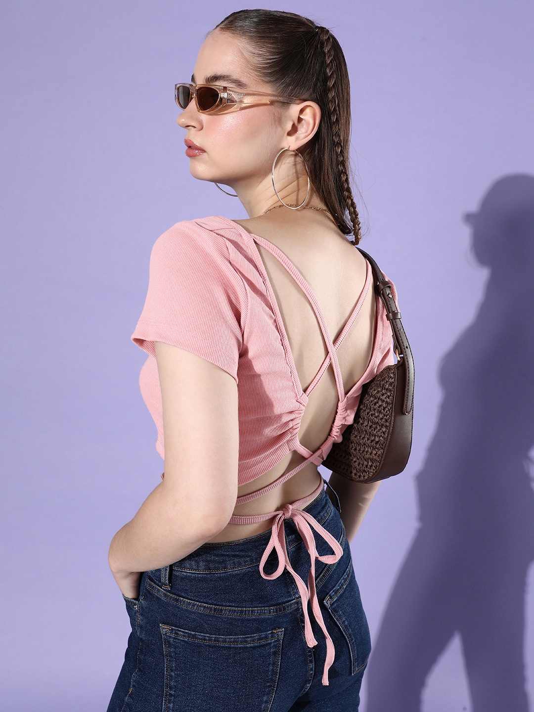 

The Roadster Life Co. Solid Fitted 90's Hollaback-Laced up backs Top, Pink