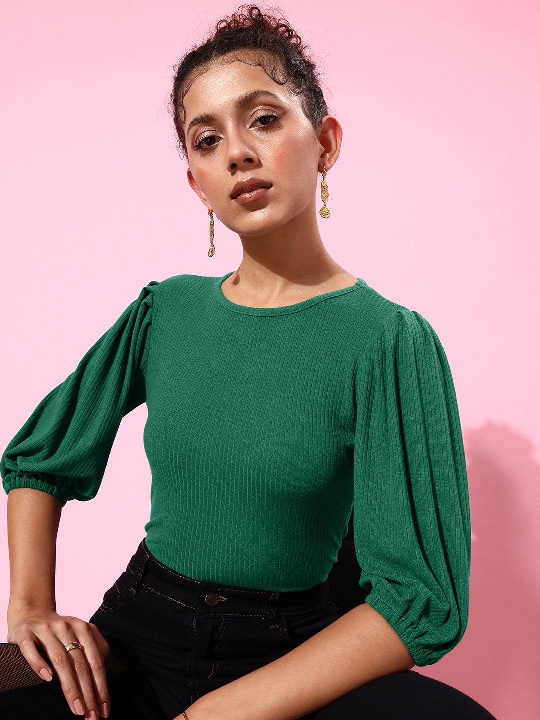 

The Roadster Life Co. Bush Green Puff Sleeve Femme Blouse Ribbed Top