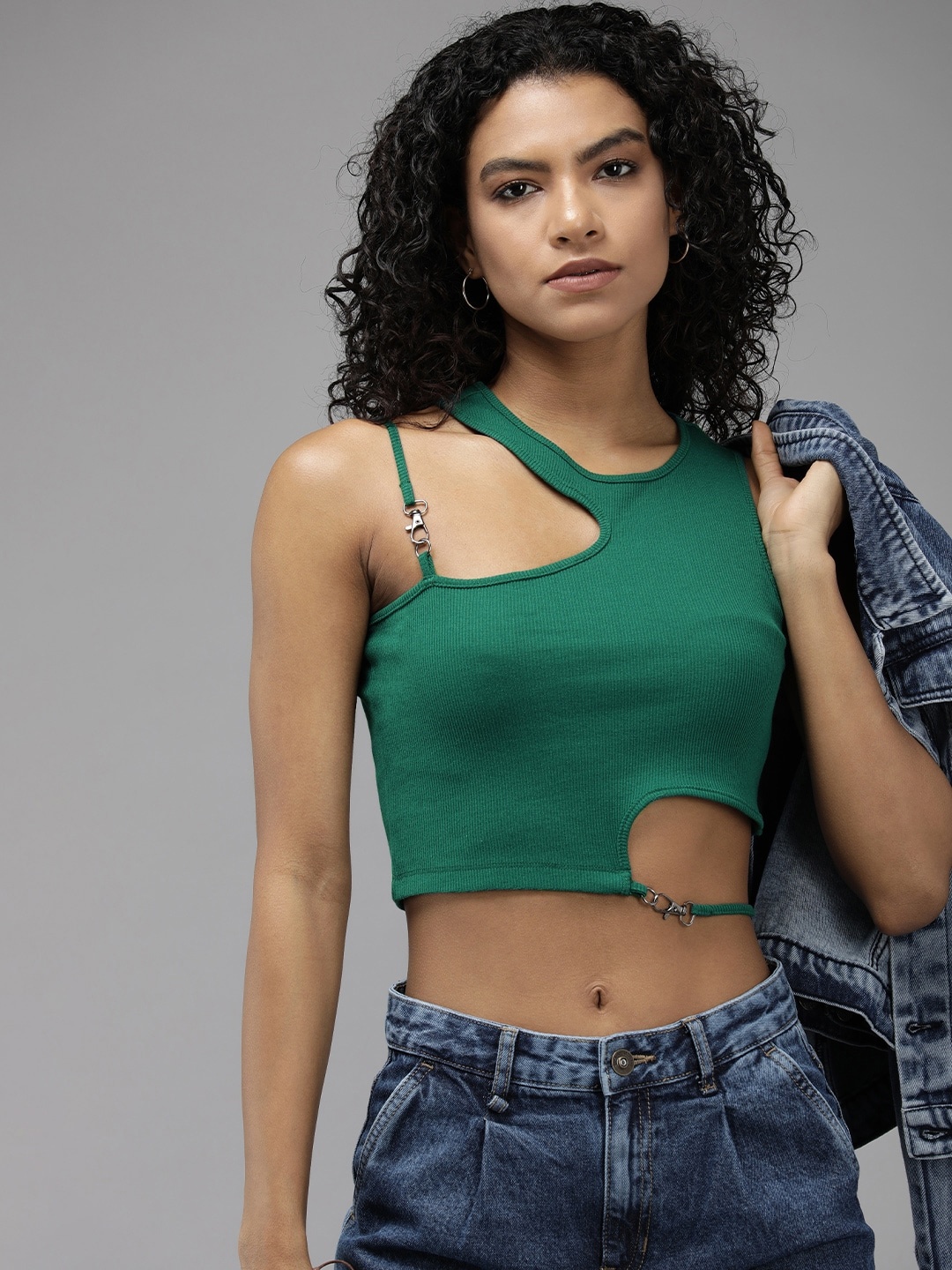

The Roadster Life Co. Solid Fitted Crop Top With Cut-Out Detail, Green