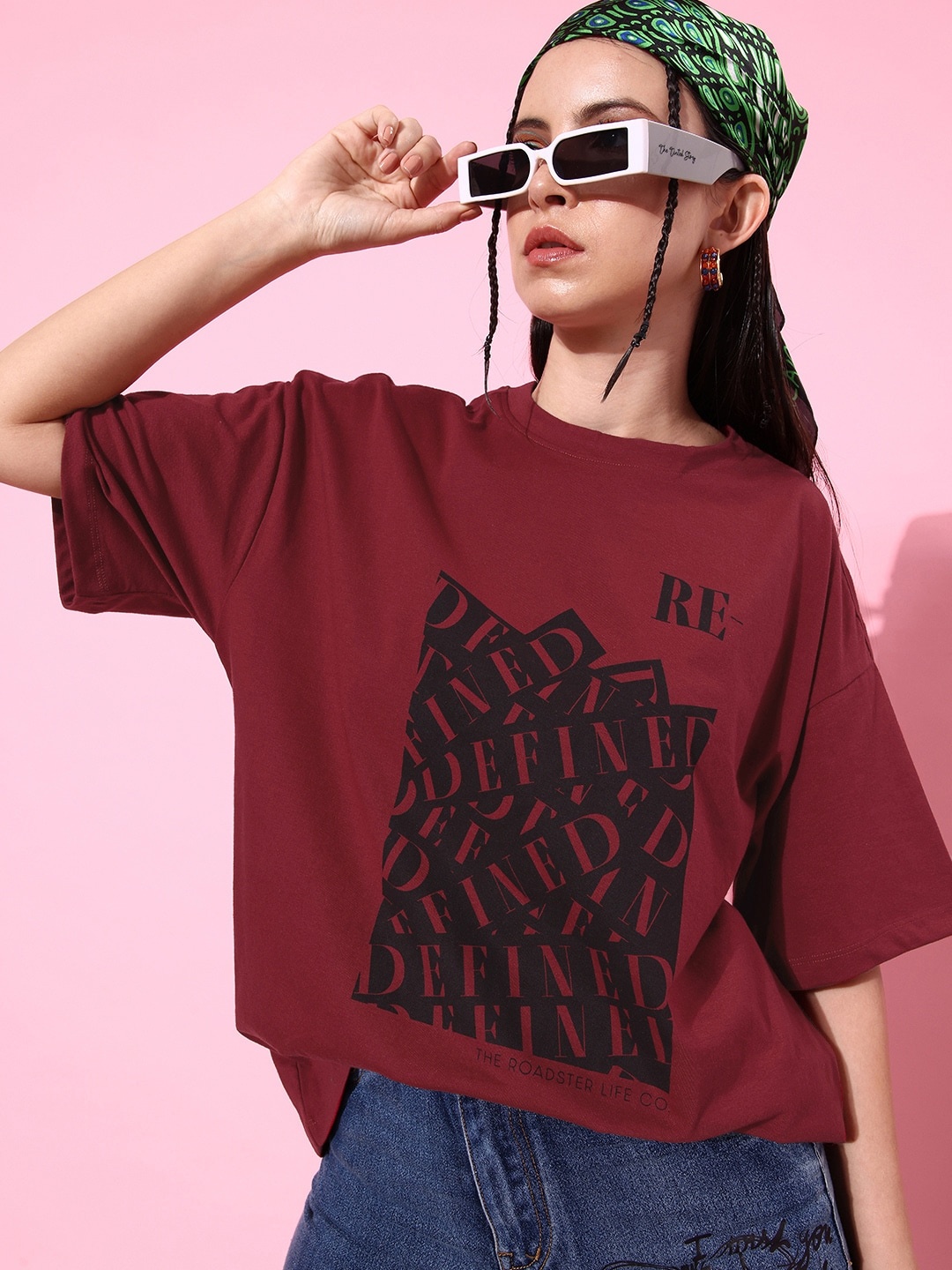 The Roadster Lifestyle Co. Women Typography Printed Drop-Shoulder T-shirt, Maroon