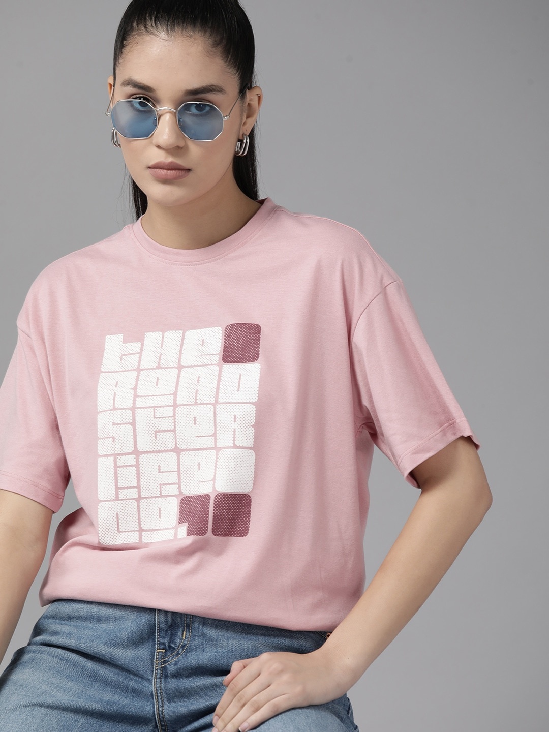 

Roadster The Lifestyle Co. Brand Logo Printed Drop-Shoulder Sleeves T-shirt, Pink