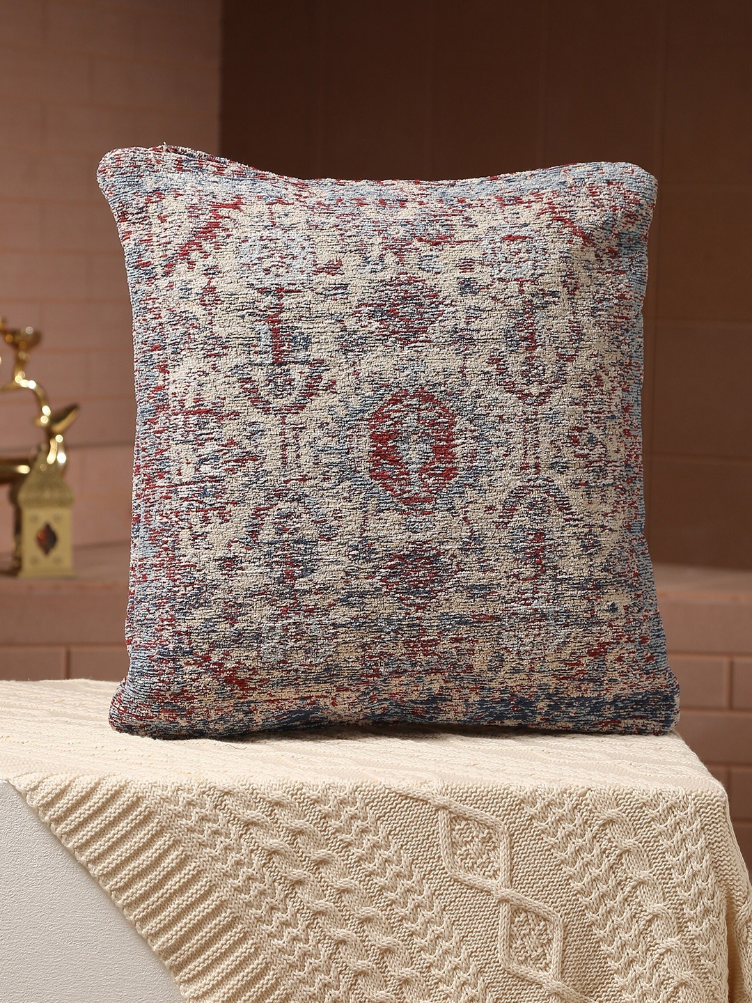 

Amoliconcepts Beige & Red Persian Motif Jacquard Chenille Textured Cotton Cushion Cover