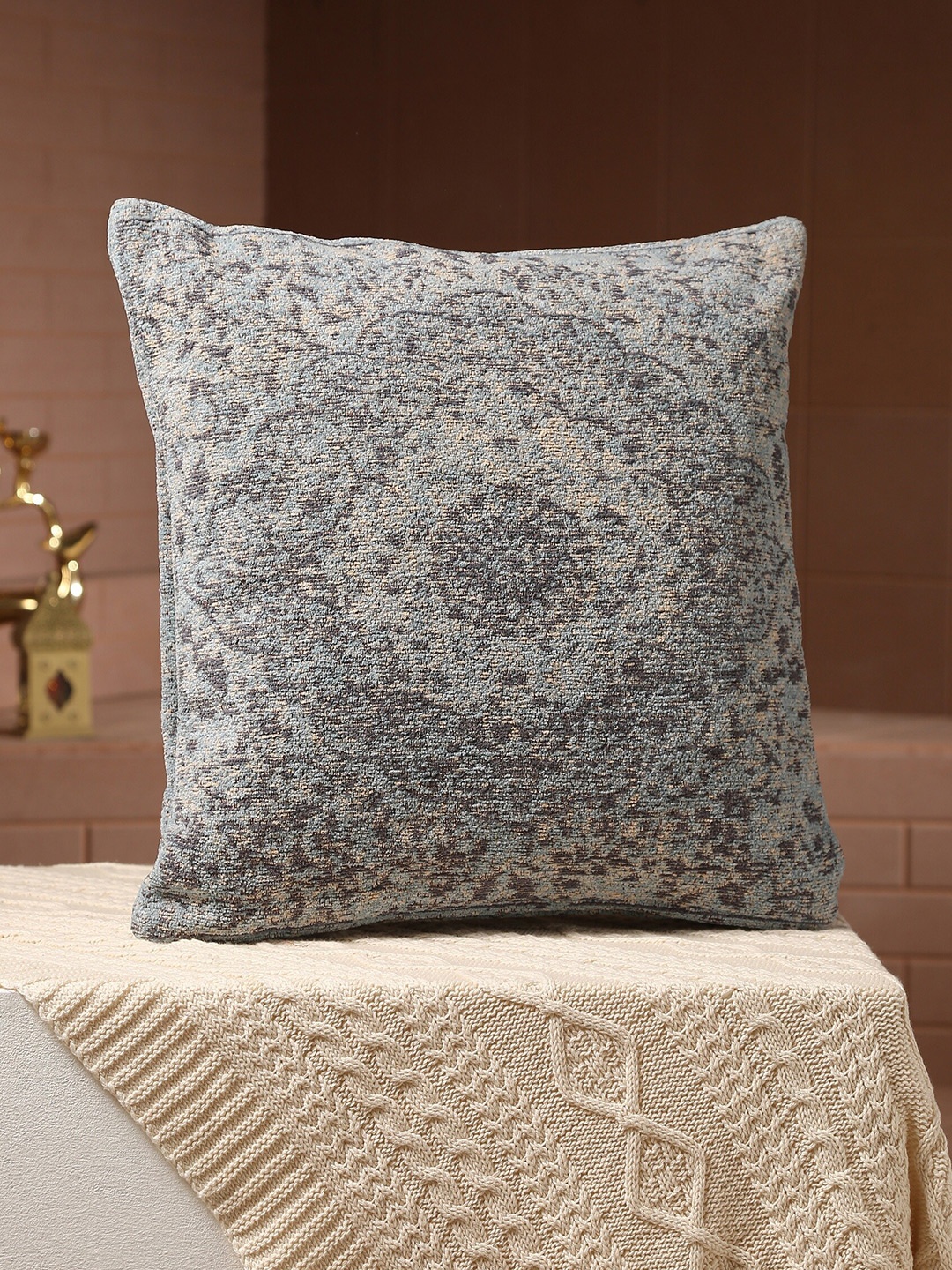 

Amoliconcepts Blue & Grey Persian Motif Jacquard Chenille Textured Cotton Cushion Cover