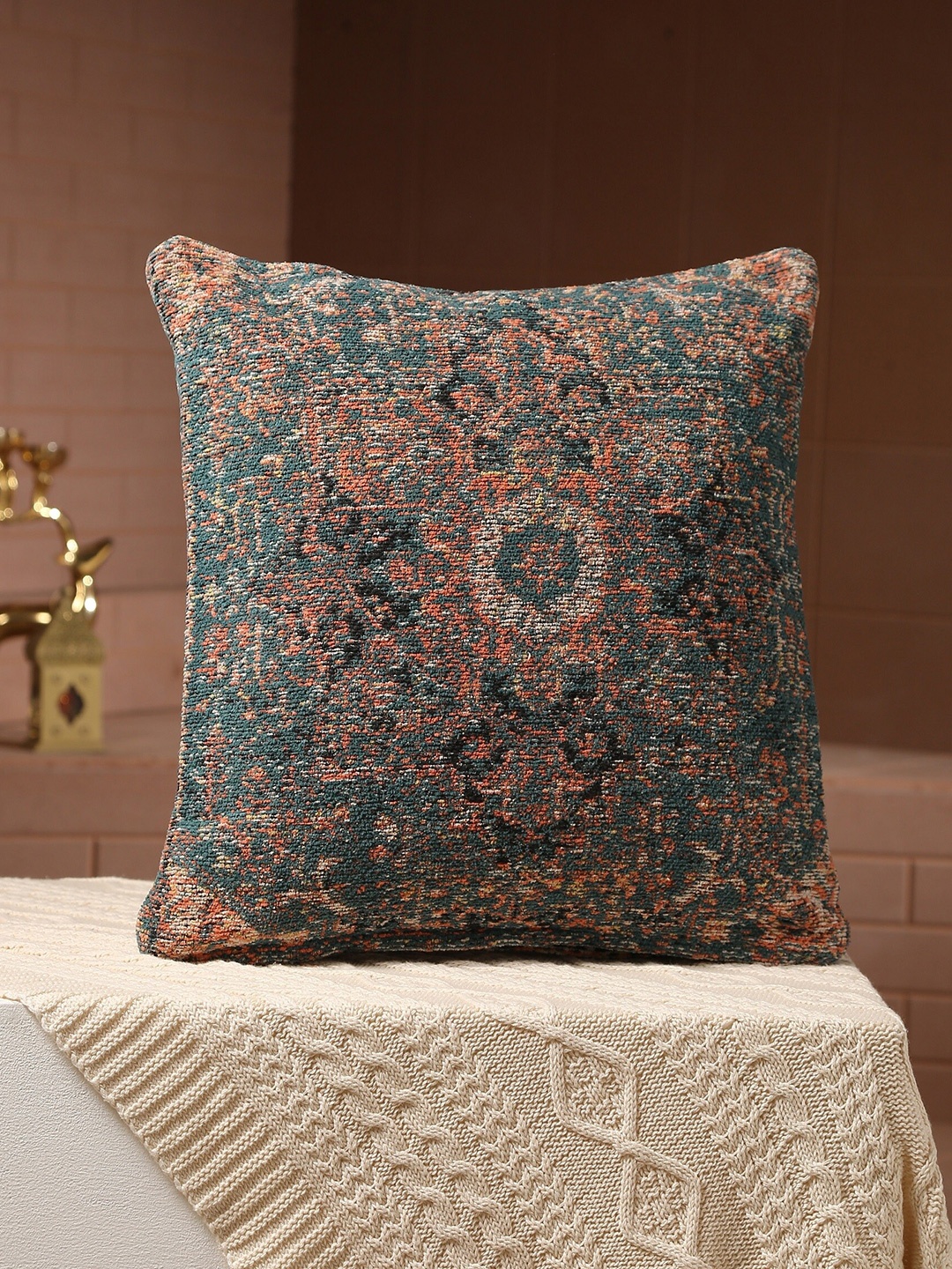 

Amoliconcepts Green & Peach Persian Motif Jacquard Chenille Textured Cotton Cushion Cover