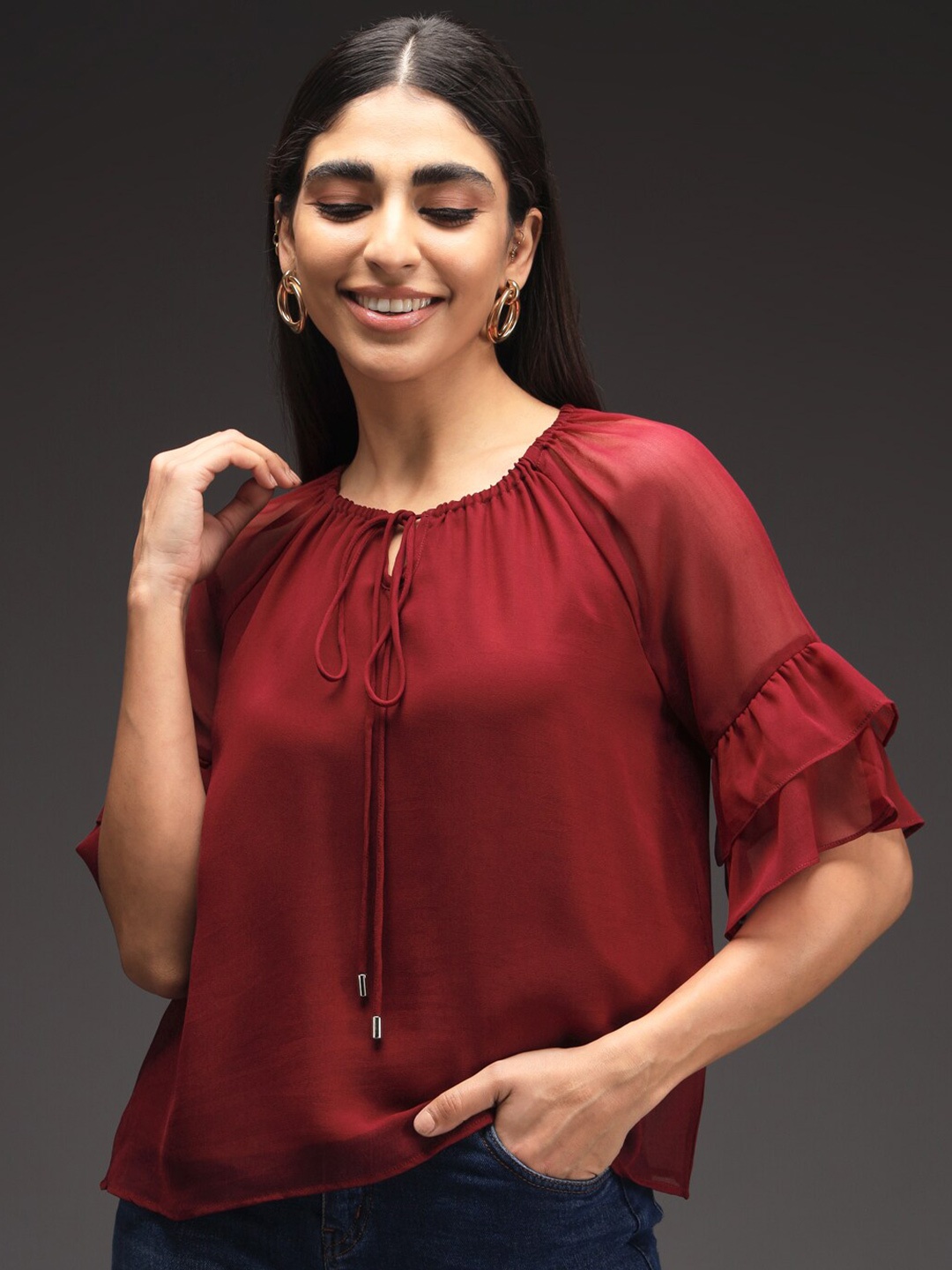 

VALBONE Tie-Up Neck Bell sleeves Georgette Top, Maroon