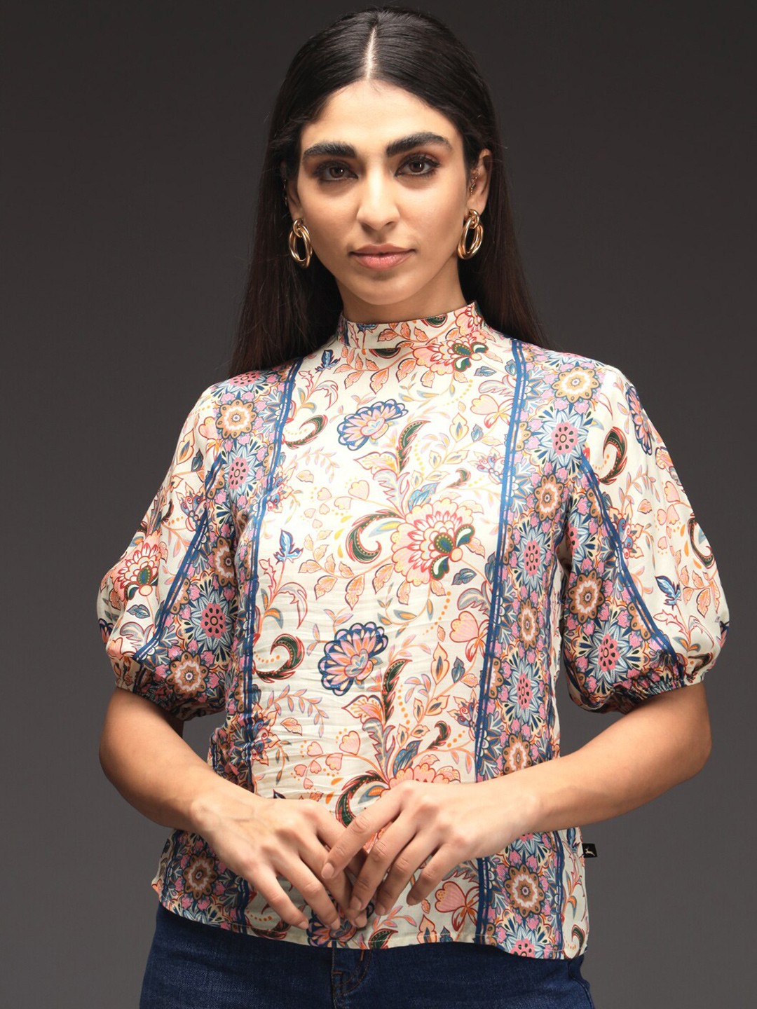 

VALBONE Puff Sleeves Floral Print Ruffles Top, Orange