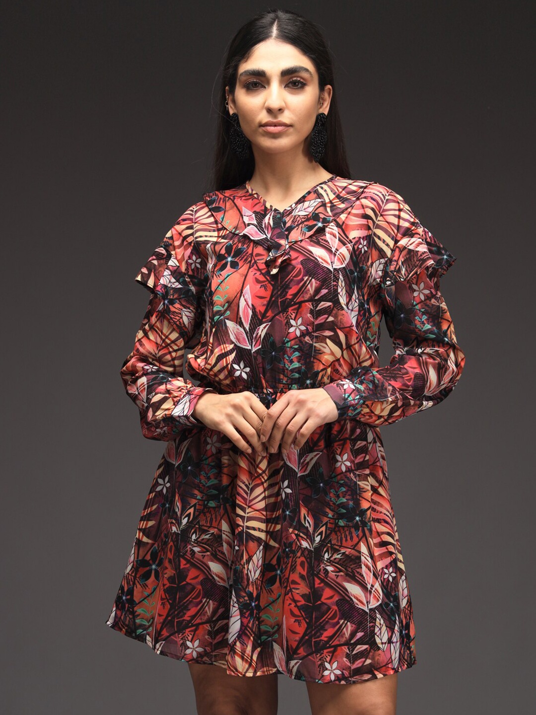

VALBONE Cuffed Sleeves Floral Printed Georgette Fit & Flare Dress, Brown