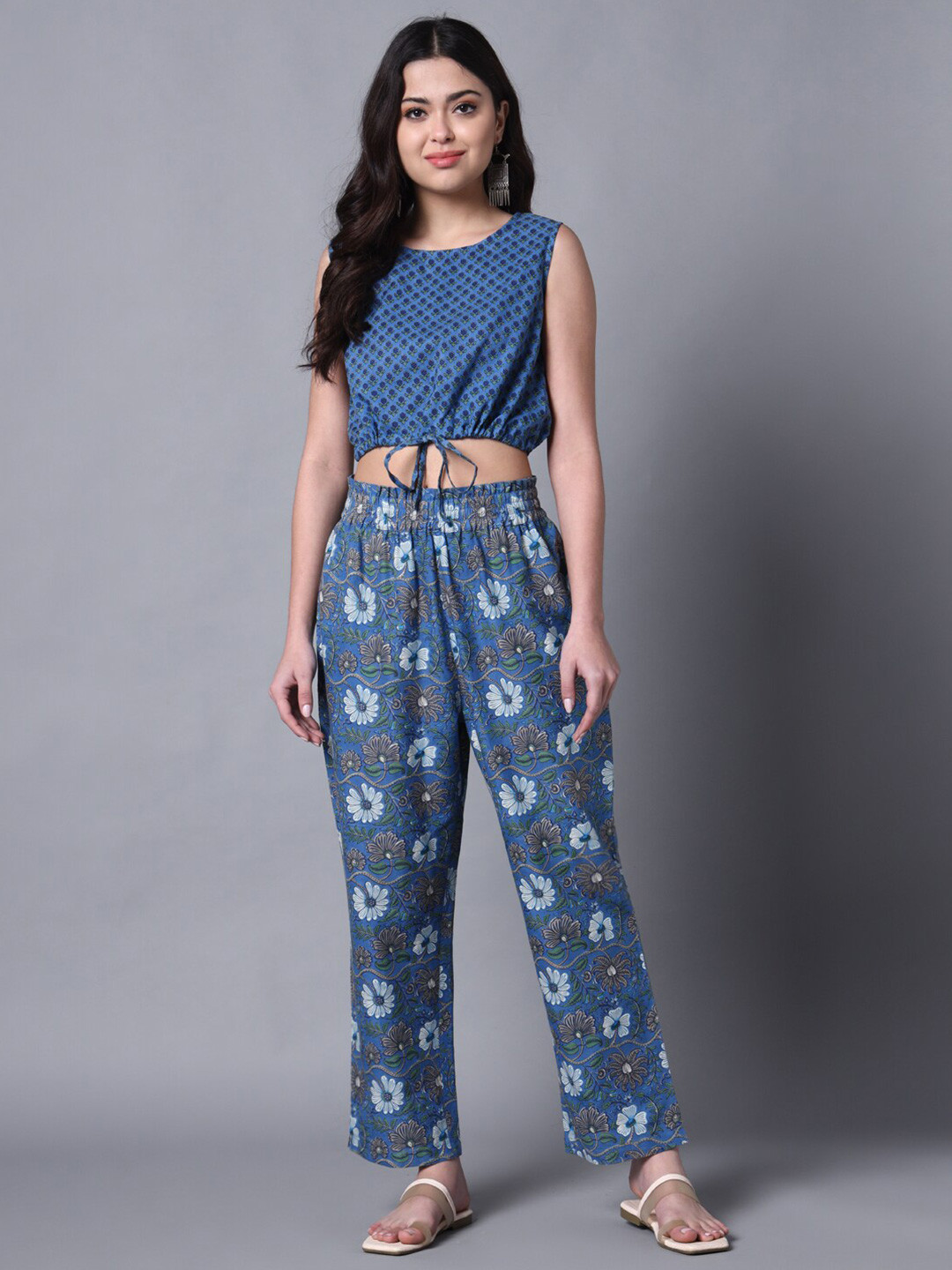 

DECKEDUP Printed Pure Cotton Crop Top with Trousers, Blue